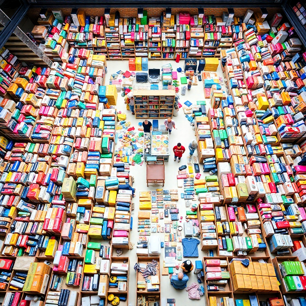 An aerial view of a vast online marketplace filled with countless products from various categories. The layout is organized and visually appealing, showcasing the sheer variety of items available at Blenat. The color palette is bright and inviting, creating a sense of abundance and choice.