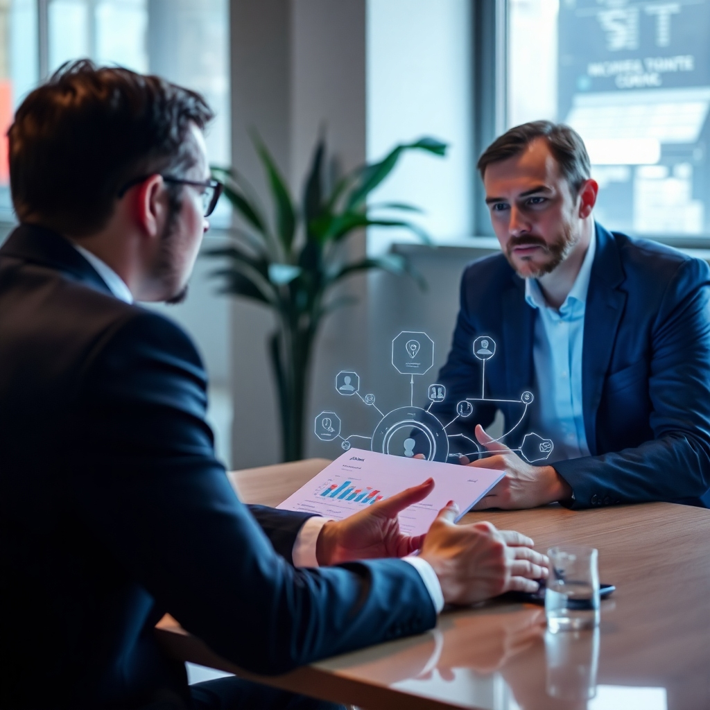 An image of a consultant meeting with a client, discussing AI strategies and opportunities. Focus on creating a professional and collaborative image.