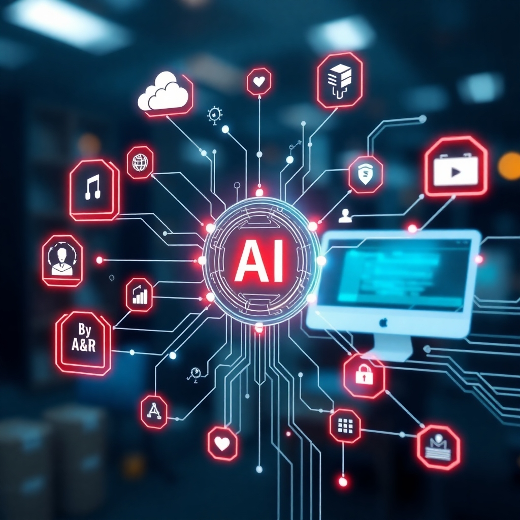 An image representing AI technology integrating with other business systems. Use a creative style to demonstrate clear integration and efficiency.