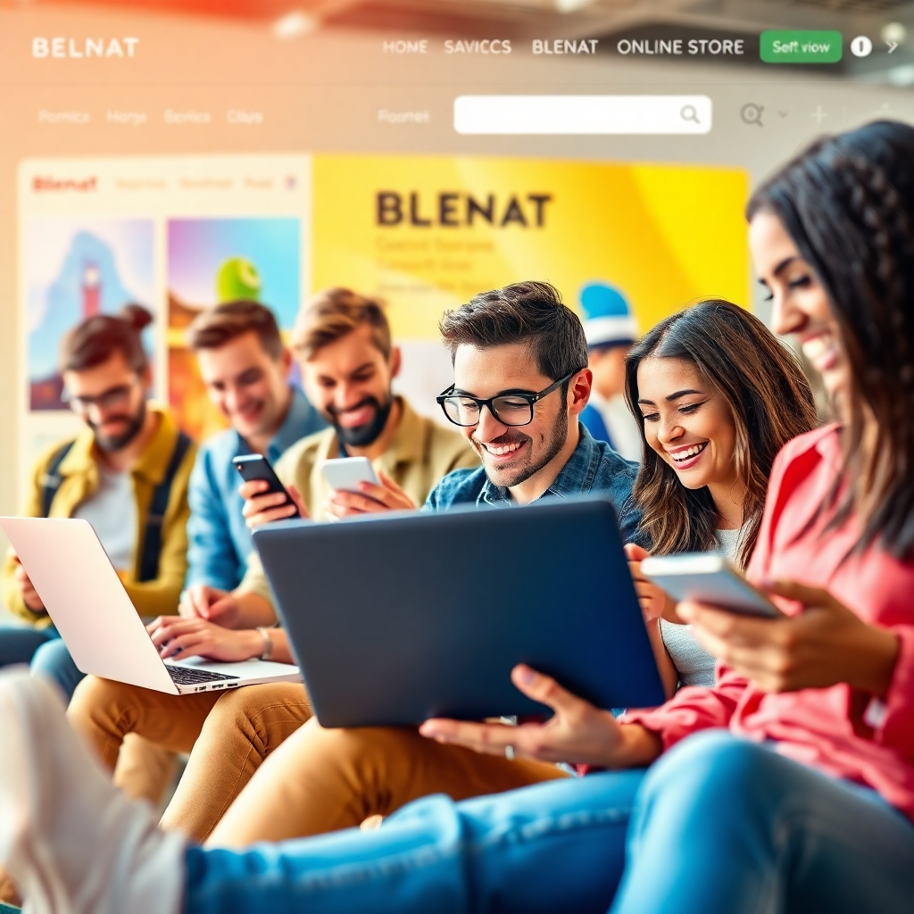 Create a stylized image depicting a diverse group of people happily using products from various categories offered by BLENAT. Use a photorealistic style with a vibrant color palette. Show people using a laptop, wearing stylish clothes, using a mobile phone, and interacting with digital products.  The composition should be dynamic, with multiple scenes subtly blended together to represent the different product categories. The lighting should be bright and cheerful.  A medium shot with a focus on people interacting with products works best. Textures should be crisp and clear. The background should be a blurred, stylized representation of the BLENAT ONLINE STORE interface.  Style references could include vibrant, lifestyle photography often used in tech and fashion advertising. Target 4K resolution and high quality for print.