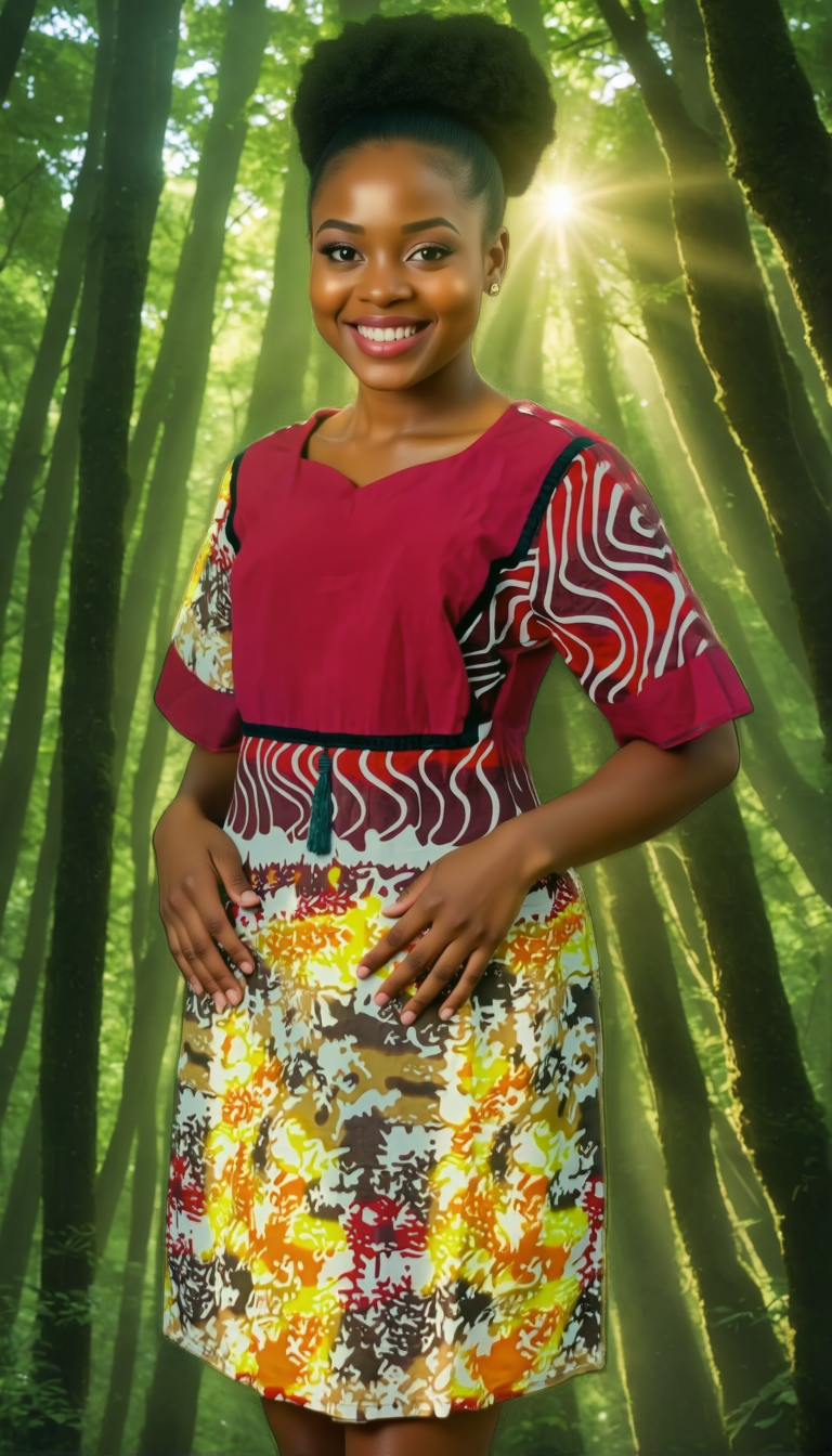 Three women standing side by side, each wearing a different style of dress from Blena's collection: a short elegant dress, an elegant dress with a peplum, and a long elegant dress. The dresses are made from high-quality African prints and fabrics. Soft, flattering lighting enhances the beauty of each garment. The camera angle is medium, capturing the full length of each dress. Style reference: classic portrait photography with a focus on elegance and style. Technical specs: 4K resolution, vibrant colors.