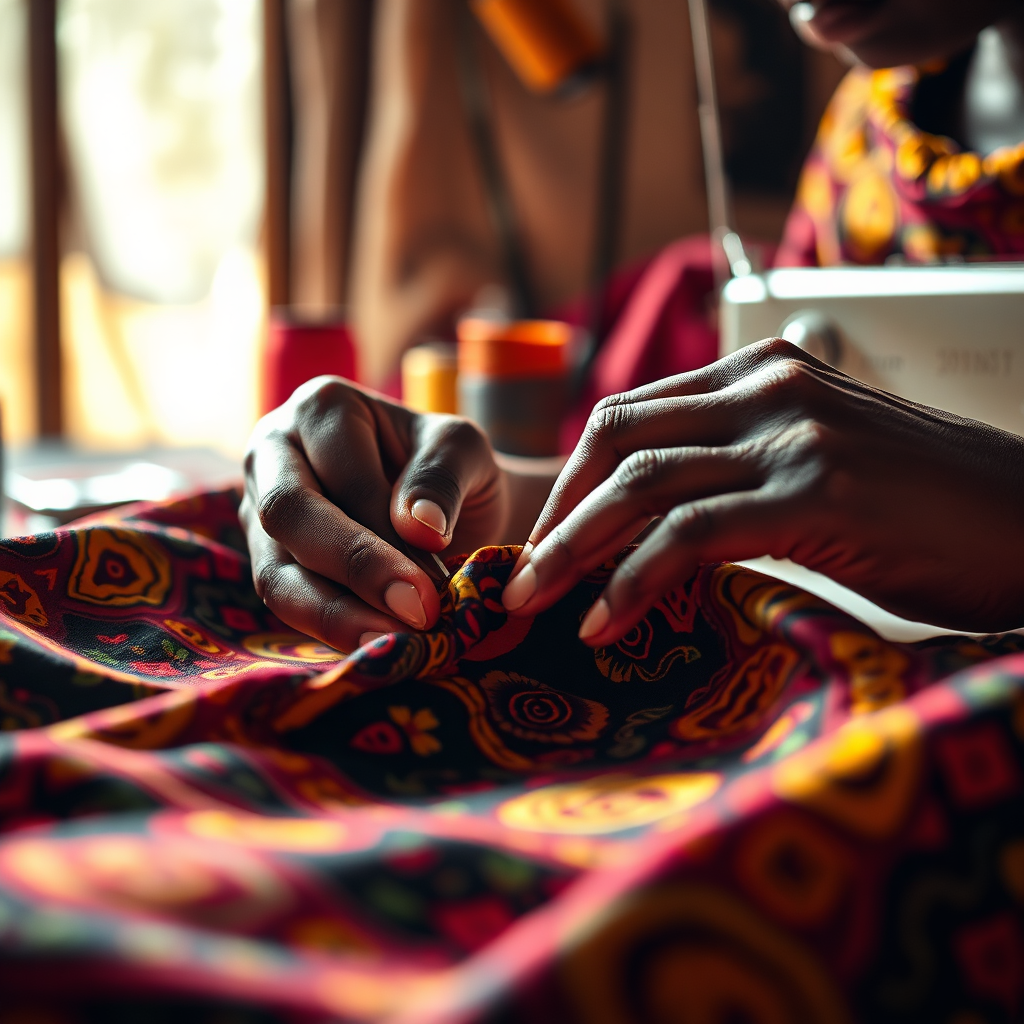 A photorealistic image for the 'About Us' section of Blena Clothing & African Boutique. The scene showcases a close-up of hands carefully working on a piece of authentic African fabric, highlighting the craftsmanship and attention to detail that goes into each garment. The fabric is vibrant and colorful, featuring traditional patterns. Soft, natural lighting illuminates the scene, emphasizing the texture and richness of the material. In the background, subtly blurred, are spools of thread and other sewing tools, adding to the authenticity of the image. The camera angle should be slightly high, capturing the hands and fabric in sharp focus. Style reference: documentary-style photography with a focus on artistry. Technical specs: 4K resolution, high-quality detail.