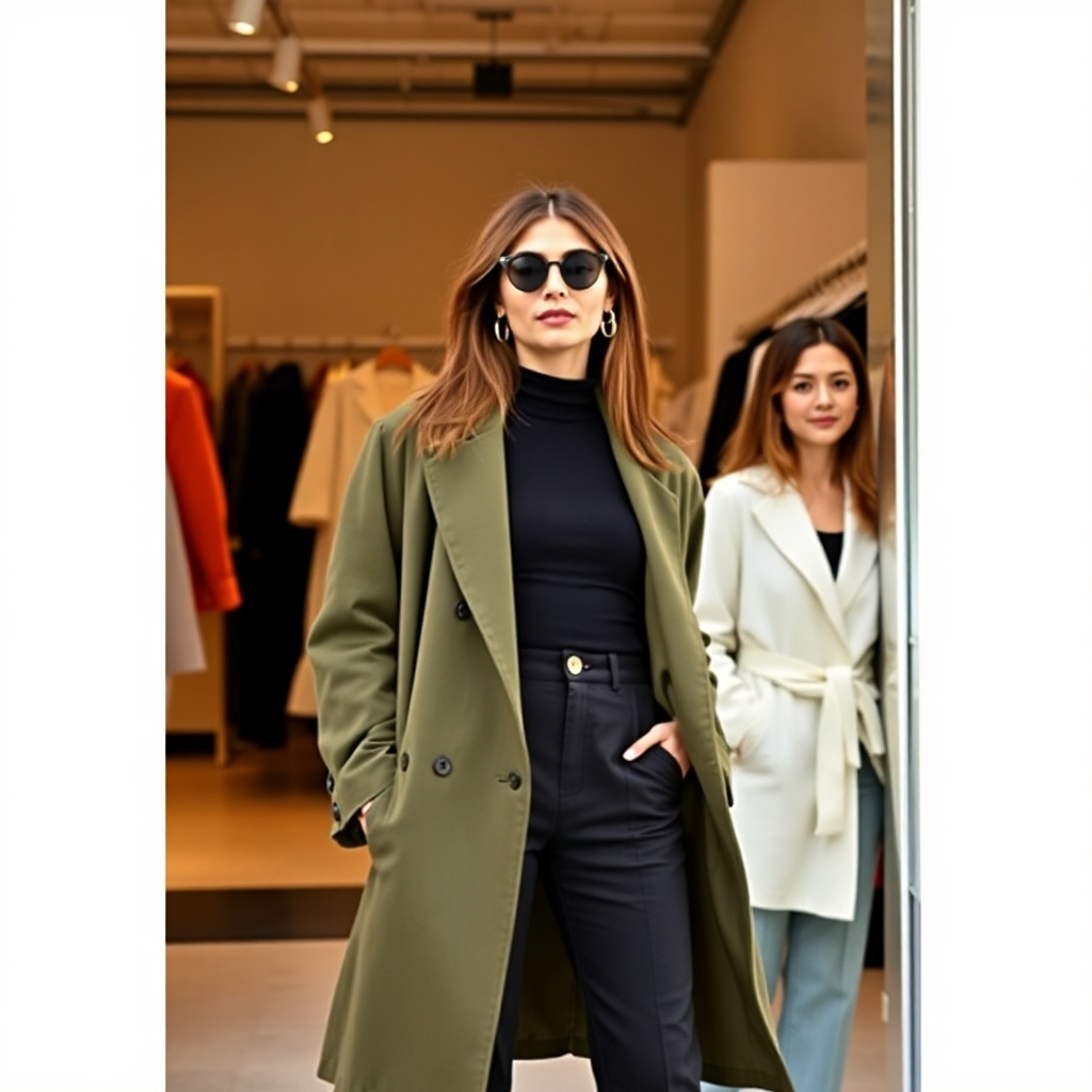 Fashion photography style image of a model wearing various outfits from the online store.  The location should be visually interesting but not distracting from the clothes.