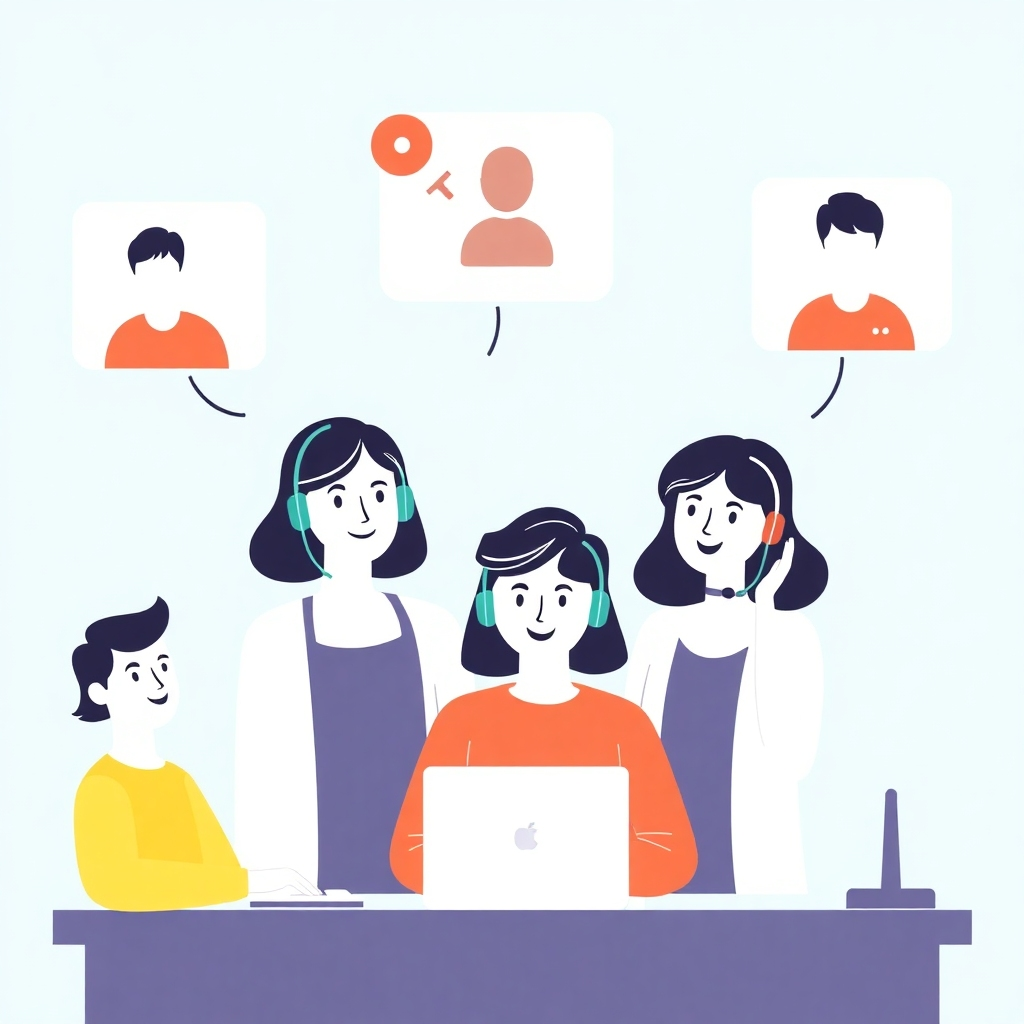 Illustration showing a team providing helpful support to a business owner through various channels such as live chat, email and phone. Use a light, friendly color palette and a simple, clear design.