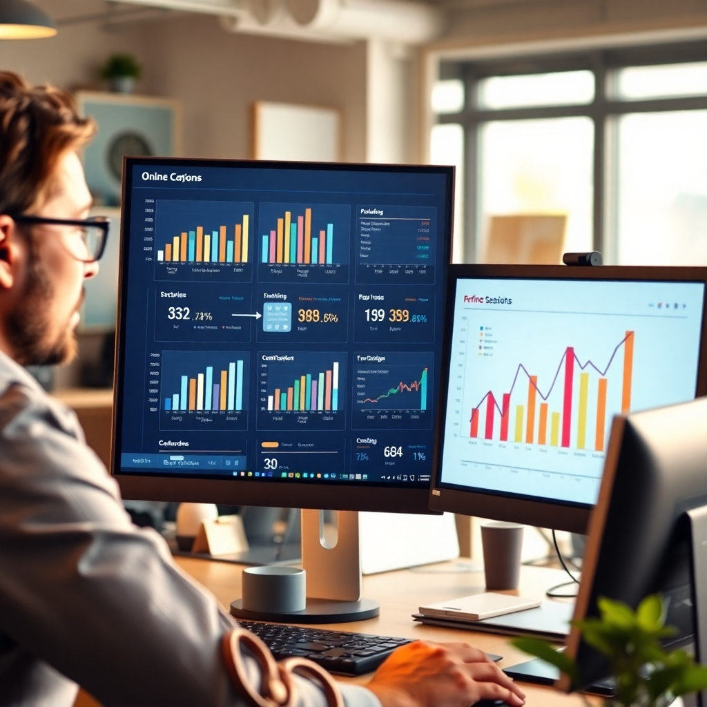 Photorealistic image, 4K resolution, of a business owner looking at a computer screen which displays several successful online campaigns, with rising bar charts and positive data. Background should feature office elements, a positive work atmosphere.  Warm lighting and natural colors.