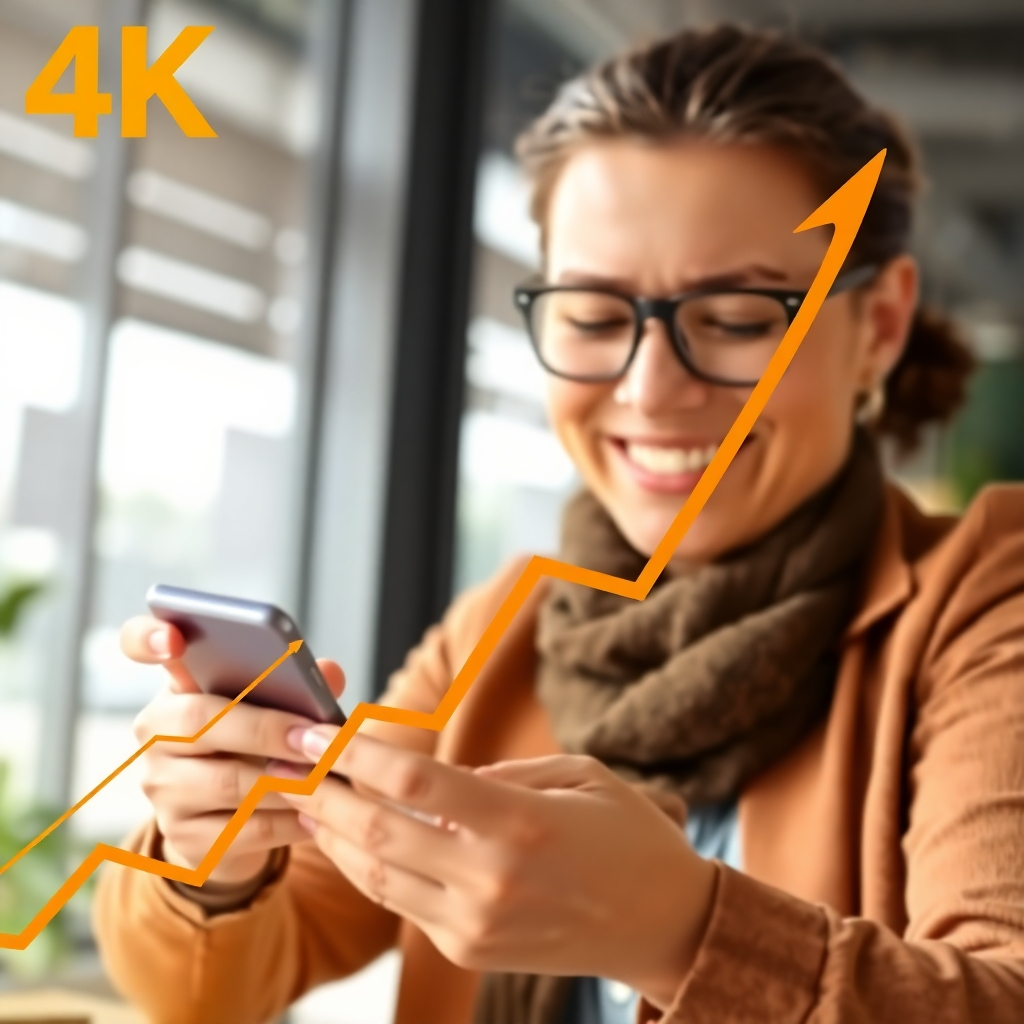 Photorealistic image, 4K resolution, showing a graph sharply increasing upwards, representing sales growth. This is overlaid on a background showing a happy business owner looking at their phone, clearly pleased with the results. Bright and positive color scheme. Focus on details and realism in the graph and the owner's reaction.