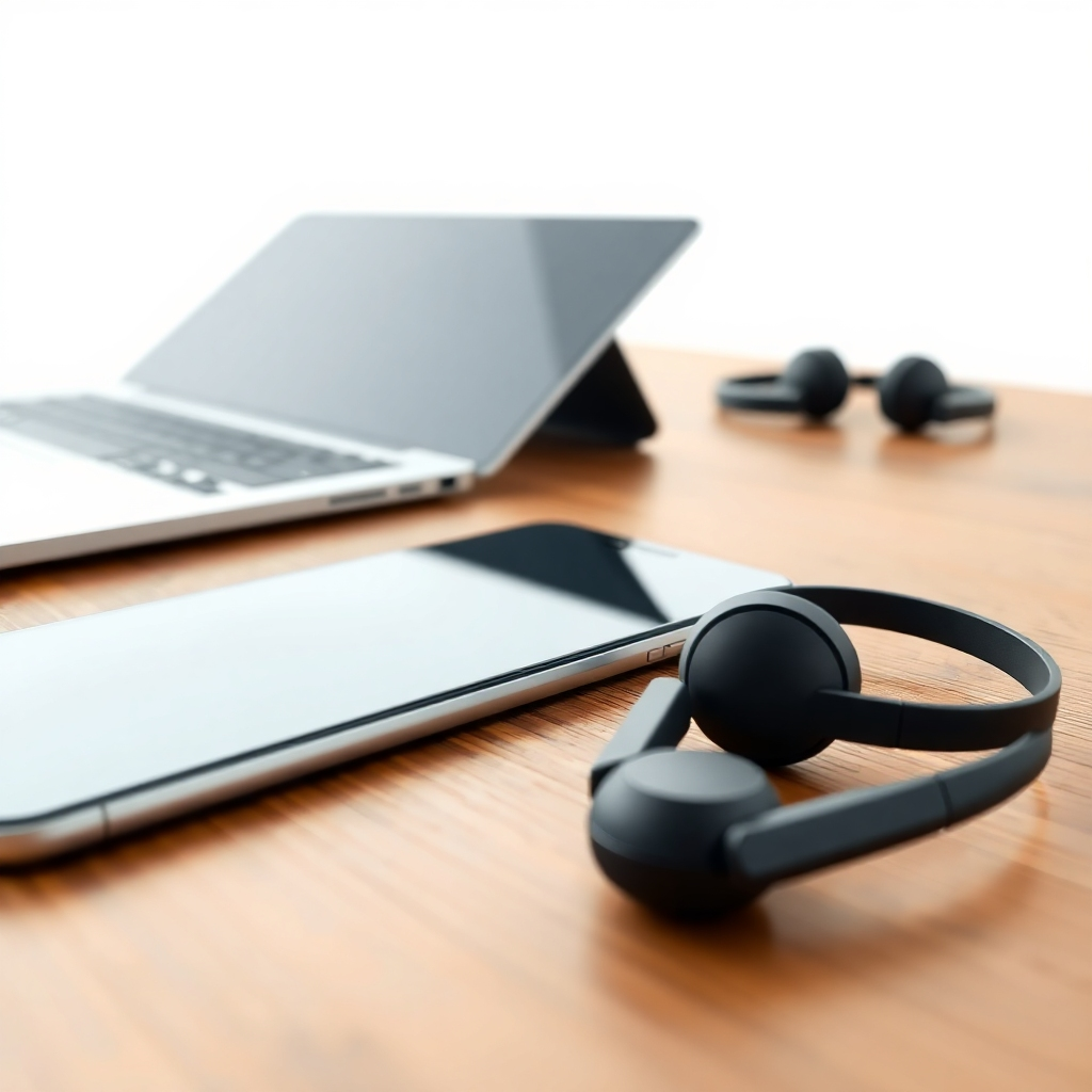Photorealistic image: Close-up shot of a sleek smartphone, a modern laptop, and wireless headphones arranged on a wooden table against a clean white background.  Focus on texture and detail, with bright, natural lighting.  Style should be minimalist and elegant, evoking feelings of premium quality and technology.