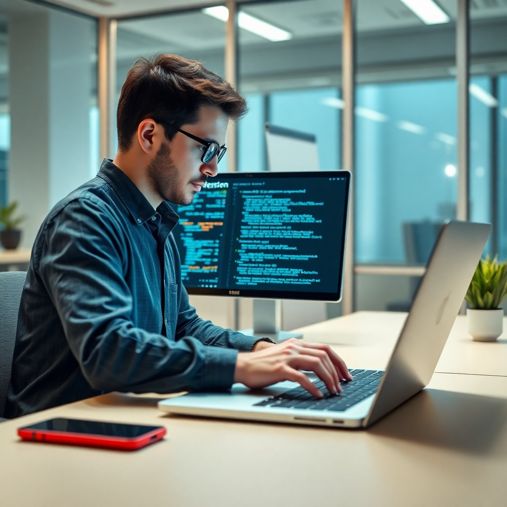 Photorealistic image depicting a developer working with clean code on a laptop. The code should represent an AI algorithm or model, with visual elements indicating data flows or neural networks. Bright and clean office setting. Use cool tones for the technology elements and warm tones for the person.