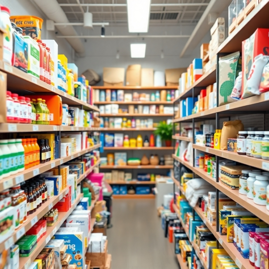 Photorealistic image: Diverse products arranged on shelves in a modern, brightly lit online store setting.  The focus is on visual variety and depth, highlighting the vast selection of items. Style should feel clean, organized, and abundant.