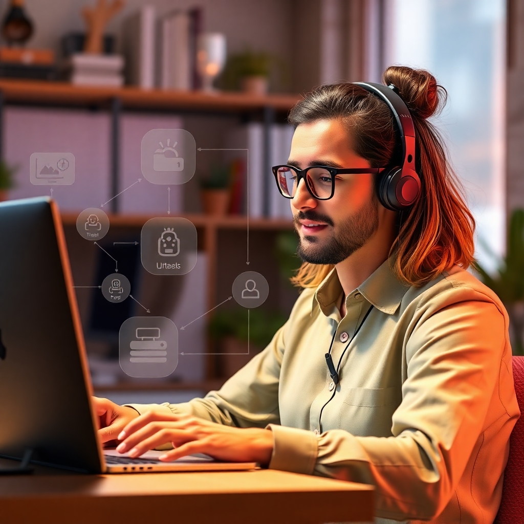 Photorealistic image of a business owner using AI tools to handle their tasks more effectively, with streamlined workflows and reduced stress. Use warm colors and highlight the improved work-life balance.