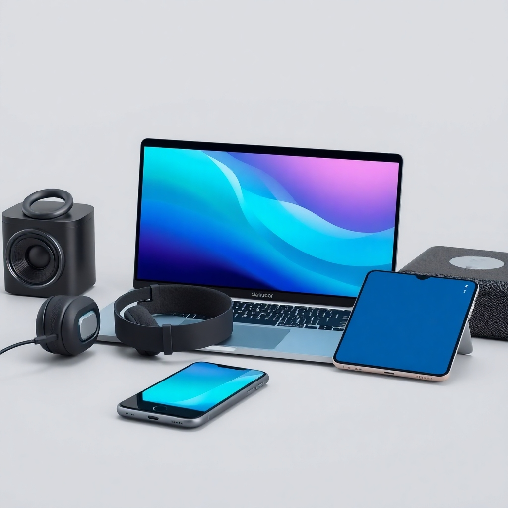 Photorealistic image of a variety of electronics, including a laptop, headphones, and smartphone. The image should be well-lit and show the products in detail.