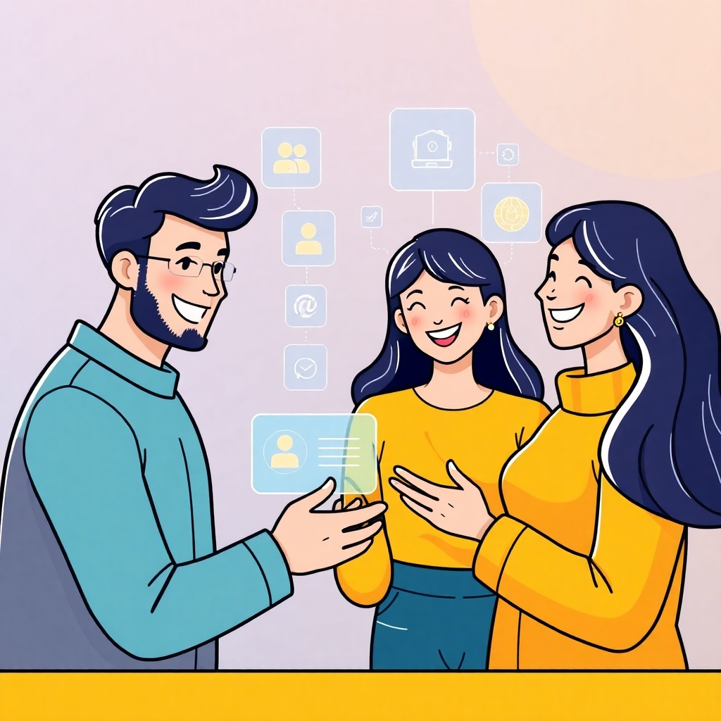Stylized illustration, 4K resolution, depicting happy customers interacting with digital avatars representing Blenat AI tools. Show a streamlined, easy-to-use interface. The color scheme should be vibrant and user-friendly.