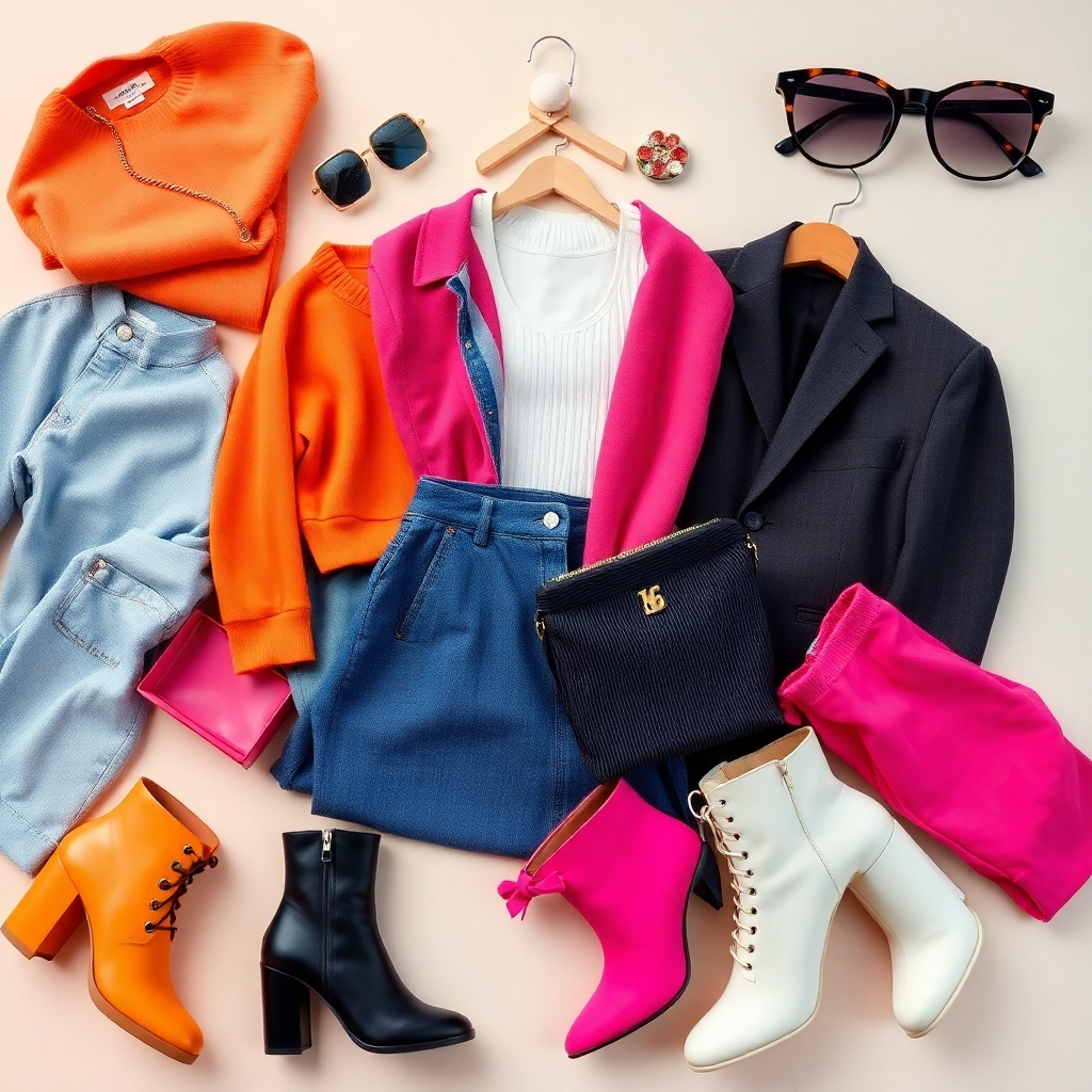 Stylized image:  A collage-style image showcasing various clothing items, shoes, and accessories arranged aesthetically. The color palette should be vibrant and trendy. Lighting should be soft and diffused.  Style should be inspired by high-fashion magazines. Emphasize texture and detail.
