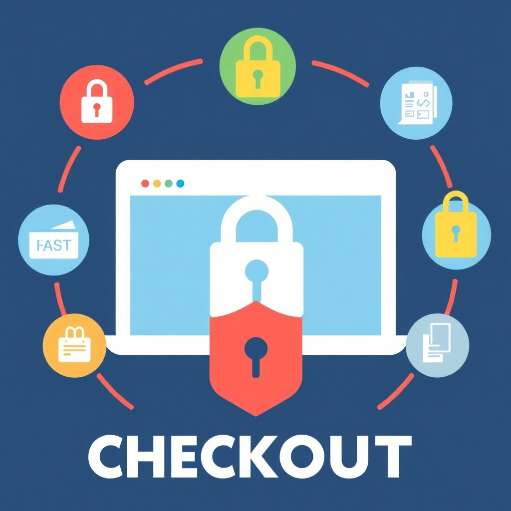Stylized image of a secure checkout process, with visual elements emphasizing security and safety.