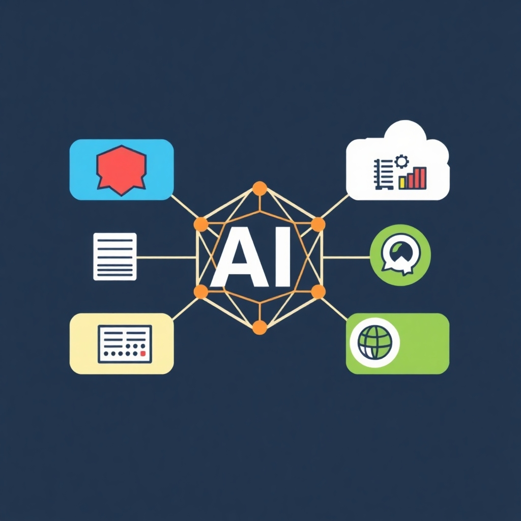 Stylized image representing an AI algorithm integrating with diverse business systems, symbolized by geometric shapes and icons. Use clear color-coding for different systems, demonstrating the integration process smoothly.