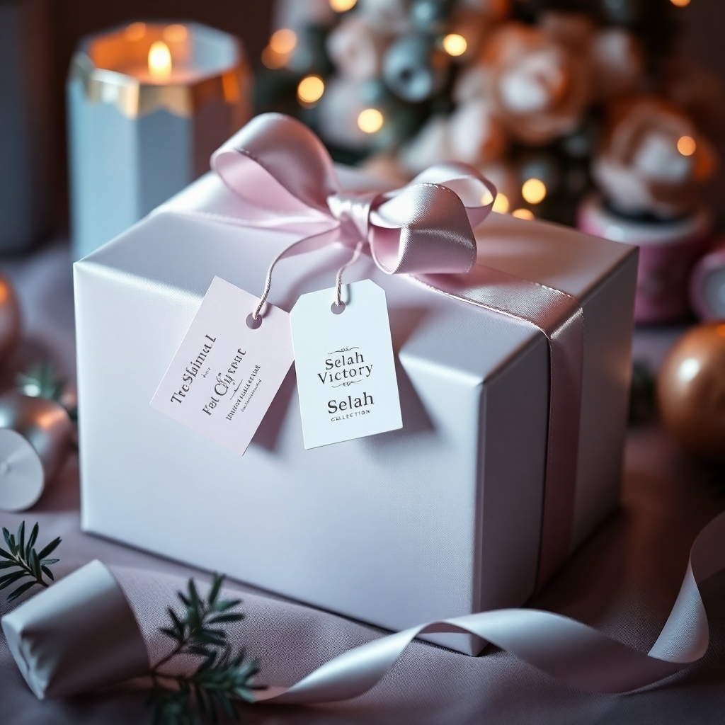 A beautifully wrapped gift box from the Selah Victory Collection, adorned with a ribbon and a tag. The box is surrounded by soft lighting and other decorative elements. The color palette is elegant and sophisticated, reflecting the thoughtfulness and care that goes into each gift. The style is classic and timeless. Render in 4K resolution.