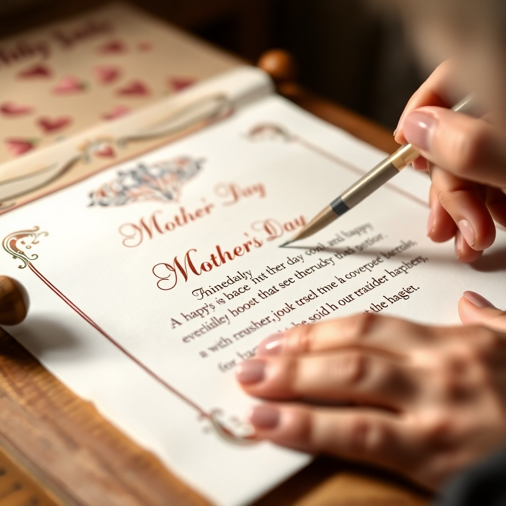 A close-up of a calligrapher's hand carefully writing a personalized prayer on a Mother's Day scroll, with a feather pen and ink. The background is blurred, highlighting the precision and artistry of the process. The color palette should be warm and inviting, with a focus on the details of the calligraphy. 4K resolution.