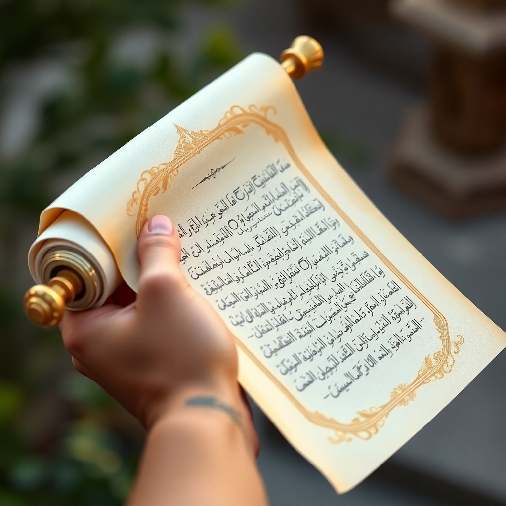 A close-up shot of a hand carefully unrolling a beautifully crafted prayer scroll, revealing its elegant calligraphy and delicate floral details. The lighting is soft and focused, highlighting the intricate details of the scroll. The background is a blurred, peaceful setting. Color palette: Warm creams, golds, and soft greens. 4K resolution.