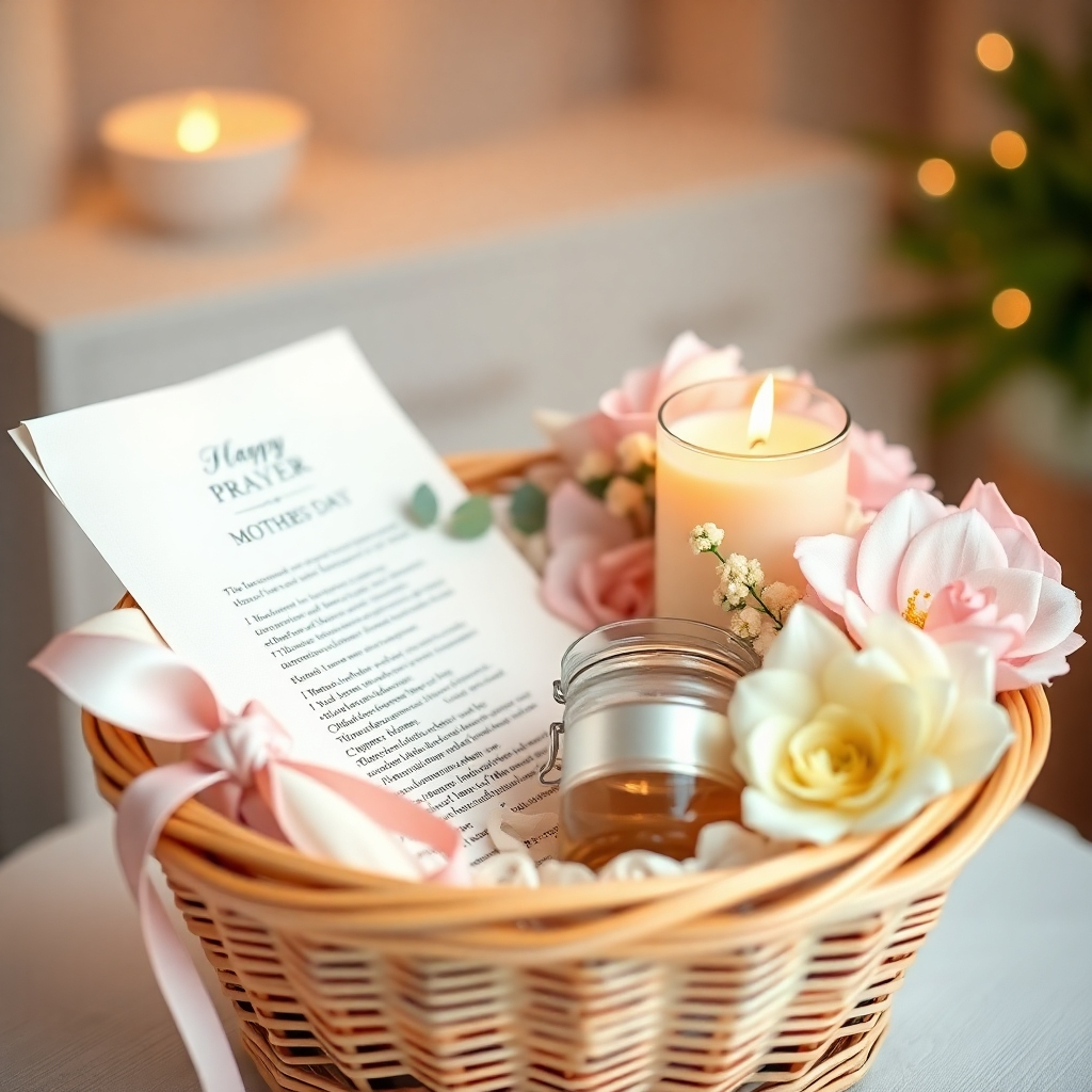 A close-up shot of an elegant Mother's Day gift basket containing a prayer scroll, a scented candle, and a floral arrangement. The lighting is warm and inviting. The background is a soft, blurred setting. Color palette: Soft pastels, creams, and golds. 4K resolution.