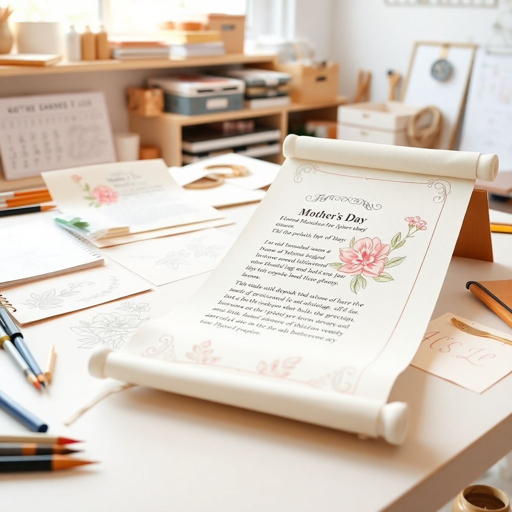 A detailed image showcasing the design process of a Mother's Day prayer scroll, with sketches, floral illustrations, and calligraphy samples. The lighting is bright and focused. The background is a clean, organized workspace. Color palette: Soft pastels, creams, and golds. 4K resolution.