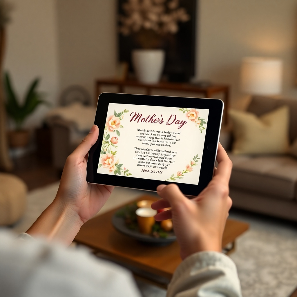 A person holding a tablet or smartphone, displaying a beautifully designed Mother's Day prayer on the screen. The lighting is soft and inviting, highlighting the text and graphics. The background is a cozy living room setting. Color palette: Warm creams, golds, and soft greens. 4K resolution.