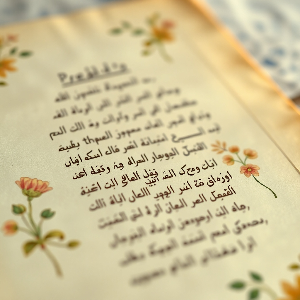 A photorealistic close-up of a beautifully written prayer on parchment paper, adorned with delicate floral illustrations. Soft, diffused lighting highlights the calligraphy. The background is blurred, creating a sense of intimacy and reverence. Focus on the texture of the paper and the details of the floral elements. Color palette: Warm creams, golds, and soft greens. 4K resolution.
