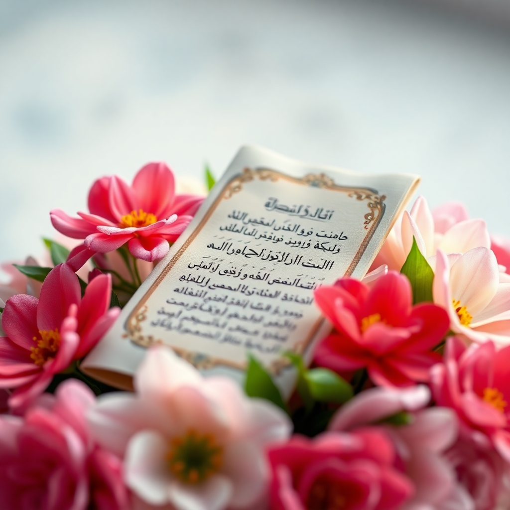 A photorealistic image showcasing a prayer scroll nestled among vibrant, blooming flowers. The lighting highlights the delicate textures of the petals and the intricate calligraphy. The background is blurred to emphasize the subject. The color scheme should be a harmonious blend of pastel shades with a touch of gold, creating a sense of elegance and reverence. 4K resolution.