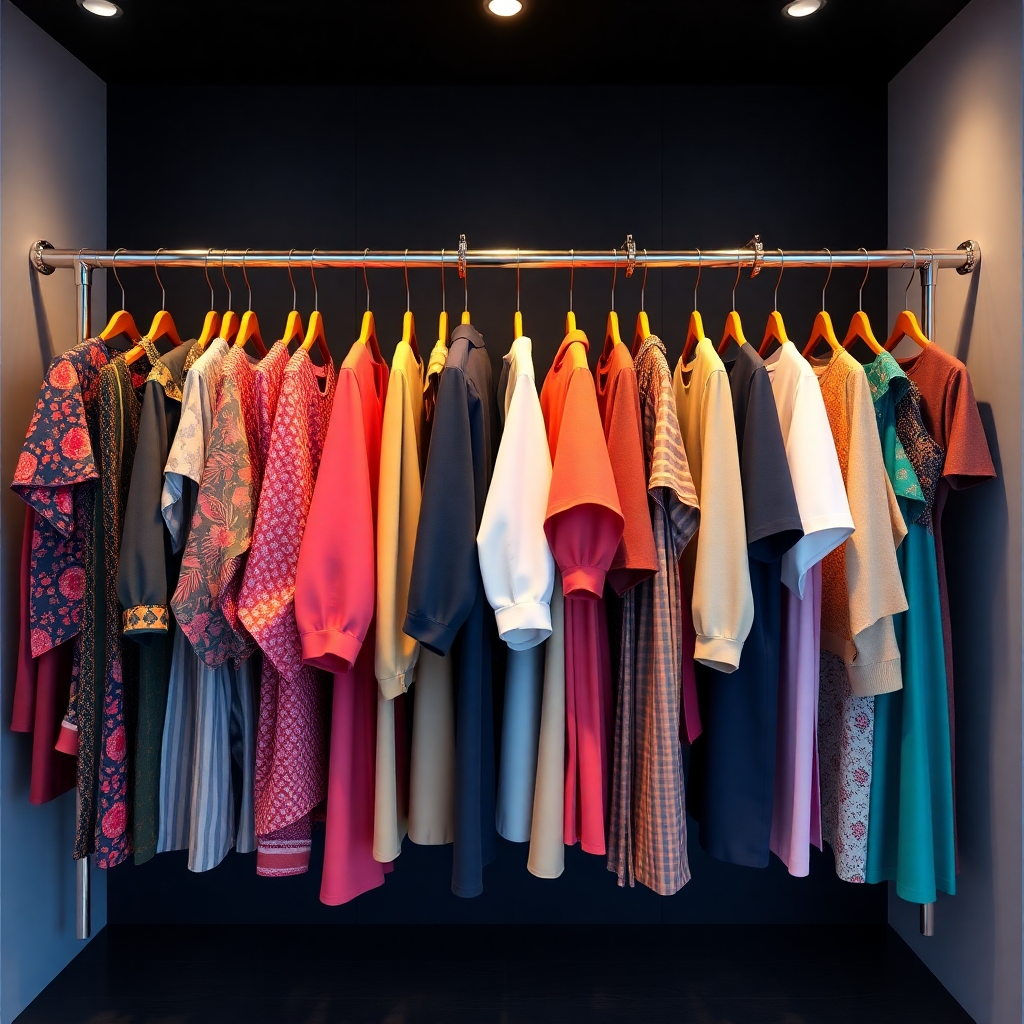 A rack filled with various apparel items from the Selah Victory Collection, showcasing different designs and styles. The lighting is well-balanced, highlighting the quality and craftsmanship of the clothing. The color palette is diverse and eye-catching. The style is modern and appealing. Render in 4K resolution.