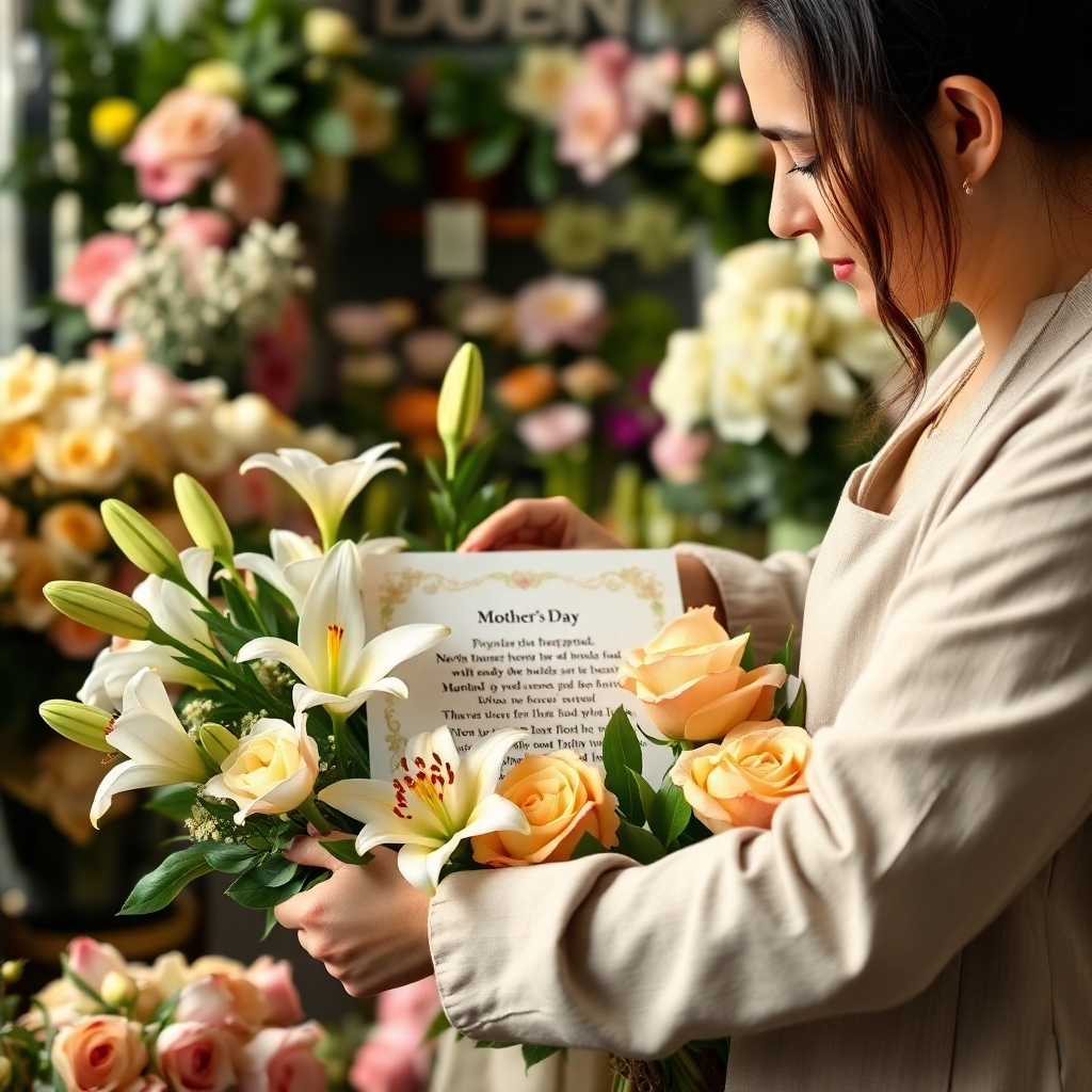 A skilled florist arranging a beautiful bouquet of lilies and roses around a Mother's Day prayer scroll. The lighting is soft and natural, highlighting the colors and textures of the flowers. The background is a flower shop with various blooms and greenery. Color palette: Soft pastels, creams, and greens. 4K resolution.