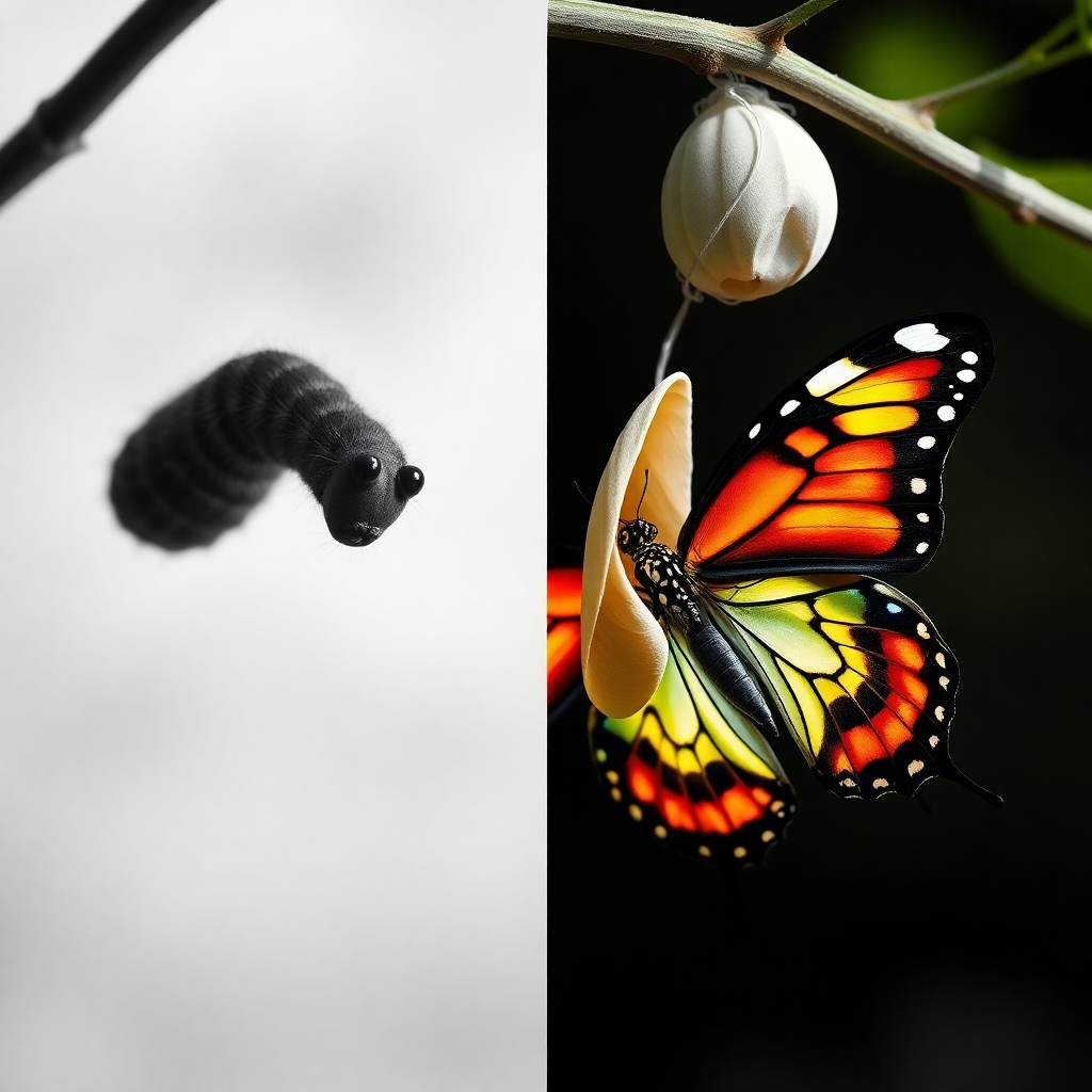 A split image. On one side, a faded, monochromatic photo of a caterpillar. On the other side, a vibrant, colorful image of a butterfly emerging from a cocoon. The butterfly has patterns resembling designs from Selah Victory Collection. The lighting is dramatic, highlighting the contrast between the two images. Render in 4k resolution.