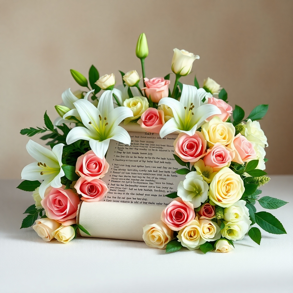 A stunning bouquet of lilies and roses arranged around a prayer scroll, creating a visually appealing and meaningful gift. The lighting is soft and diffused, highlighting the delicate details of the flowers and the scroll. The background is a muted, elegant setting. Color palette: Soft pastels, creams, and greens. 4K resolution.