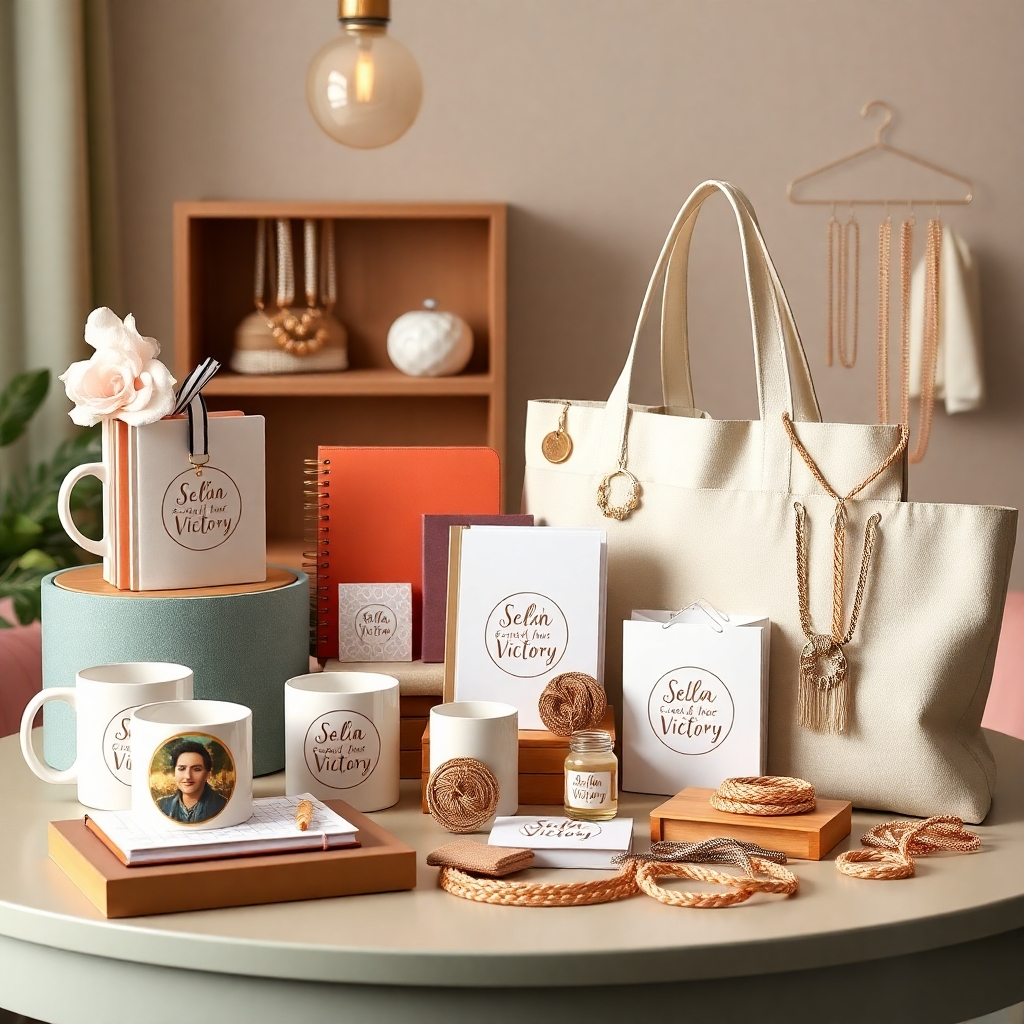 A tabletop display featuring a curated selection of accessories from the Selah Victory Collection, including mugs, journals, tote bags, and jewelry. The items are arranged artfully, showcasing their unique designs and functionality. The lighting is soft and inviting, creating a sense of warmth and comfort. The color palette is cohesive and appealing. Render in 4K resolution.
