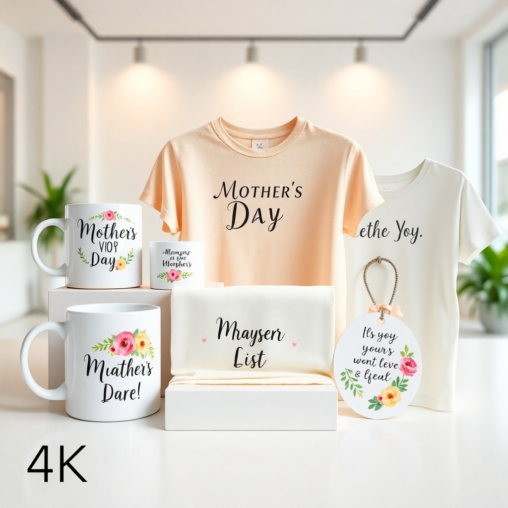 A visually appealing display of Mother's Day products, including mugs, t-shirts, and a luggage tag, all featuring floral designs and prayerful messages. The lighting is bright and inviting. The background is a clean, modern setting. Color palette: Soft pastels, creams, and greens. 4K resolution.