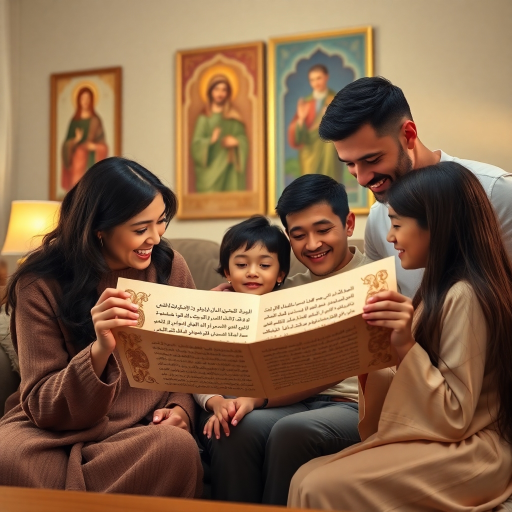 A warm, inviting scene of a family gathered together, reading a prayer from a beautifully designed scroll. The lighting is soft and natural, creating a sense of intimacy and connection. The focus is on the expressions of love and gratitude on their faces. The background is a cozy living room with religious artwork. Color palette: Warm earth tones, creams, and golds. 4K resolution.