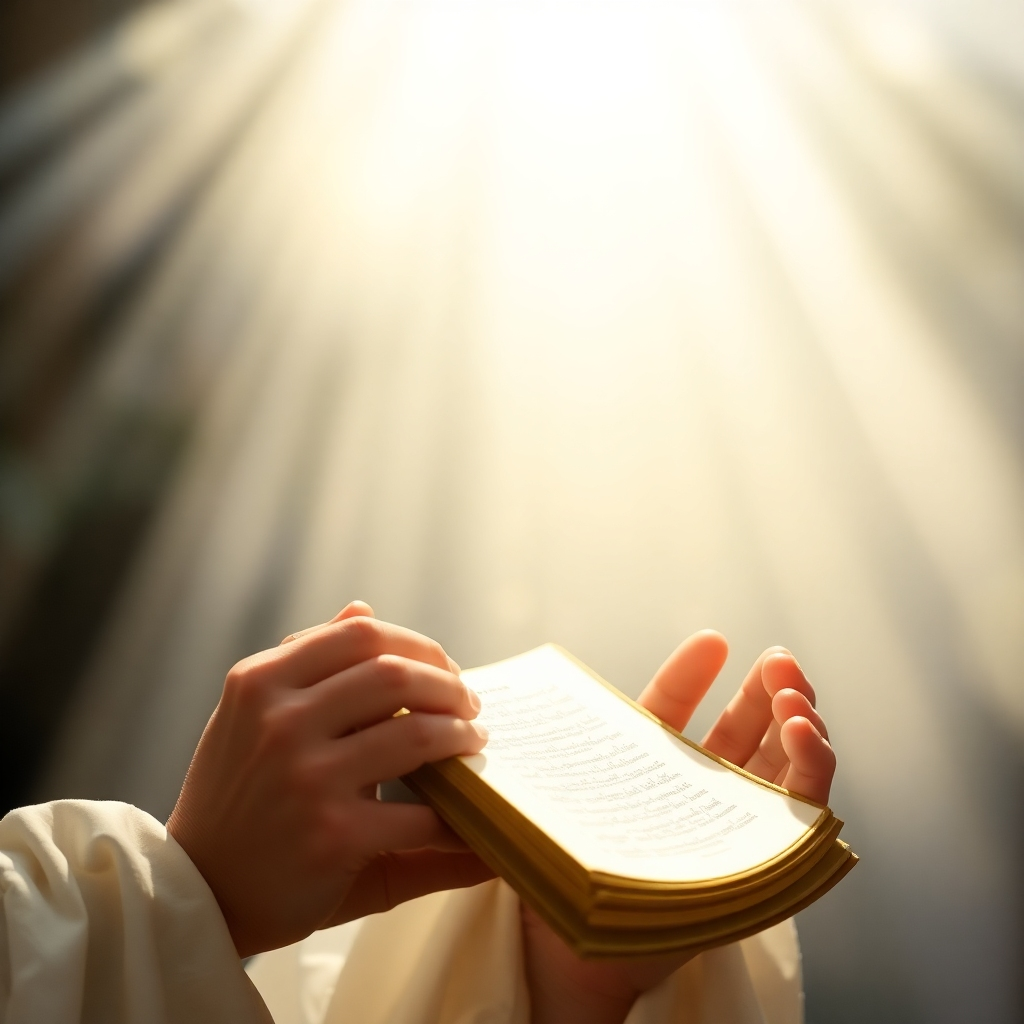 An ethereal image of light streaming down from the heavens, illuminating a mother's hands as she holds a prayer scroll. The background is blurred, creating a sense of transcendence and spirituality. The color palette is predominantly white and gold, with accents of soft blue. Style reference: Renaissance paintings with a modern twist. 4K resolution.