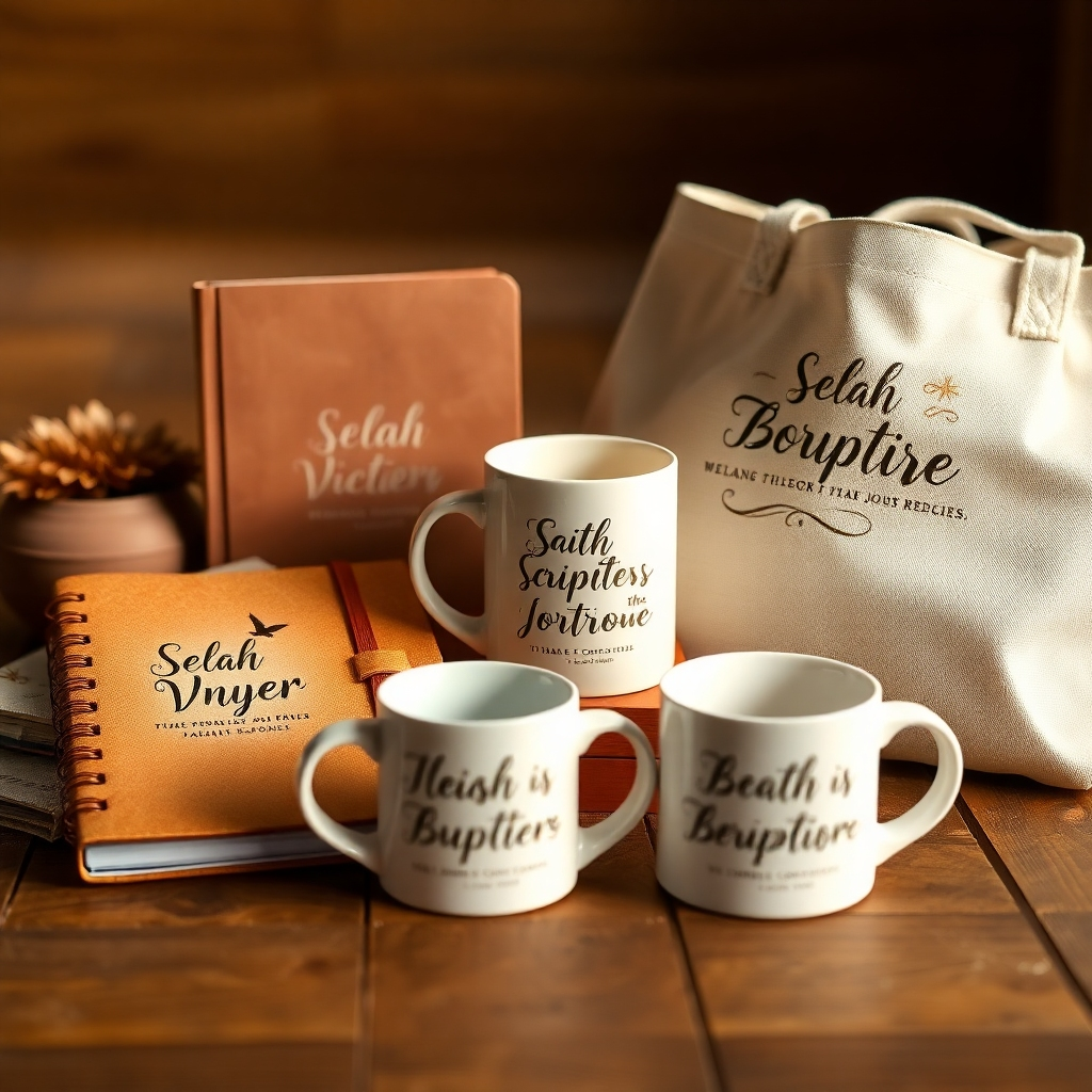 Create a close-up shot of various items from the Selah Victory Collection (e.g., a journal, a mug, a tote bag) arranged artfully on a wooden surface. Each item should display a unique faith-based design or scripture verse. The lighting is soft and diffused, highlighting the intricate details of the designs. The color palette is warm and inviting, with earth tones and pops of vibrant color. The style is rustic and charming, conveying a sense of comfort and inspiration. Render in 4K resolution.