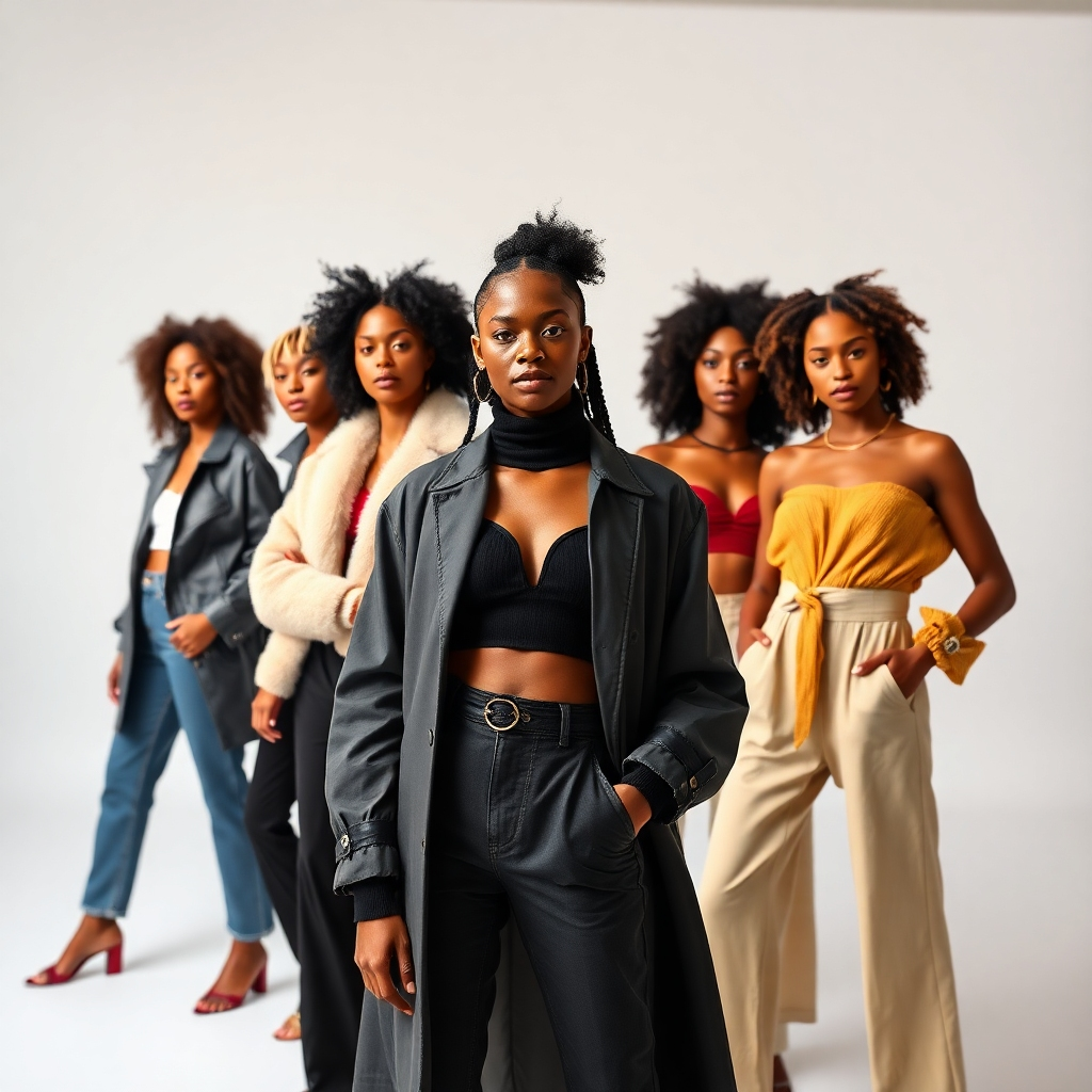 Create a fashion-forward shot of several diverse models wearing different items from the Selah Victory Collection clothing line. The background is a minimalist studio setting. The focus is sharp on the clothing and the models' expressions of confidence and style. Use modern studio lighting. Render in 4k resolution.