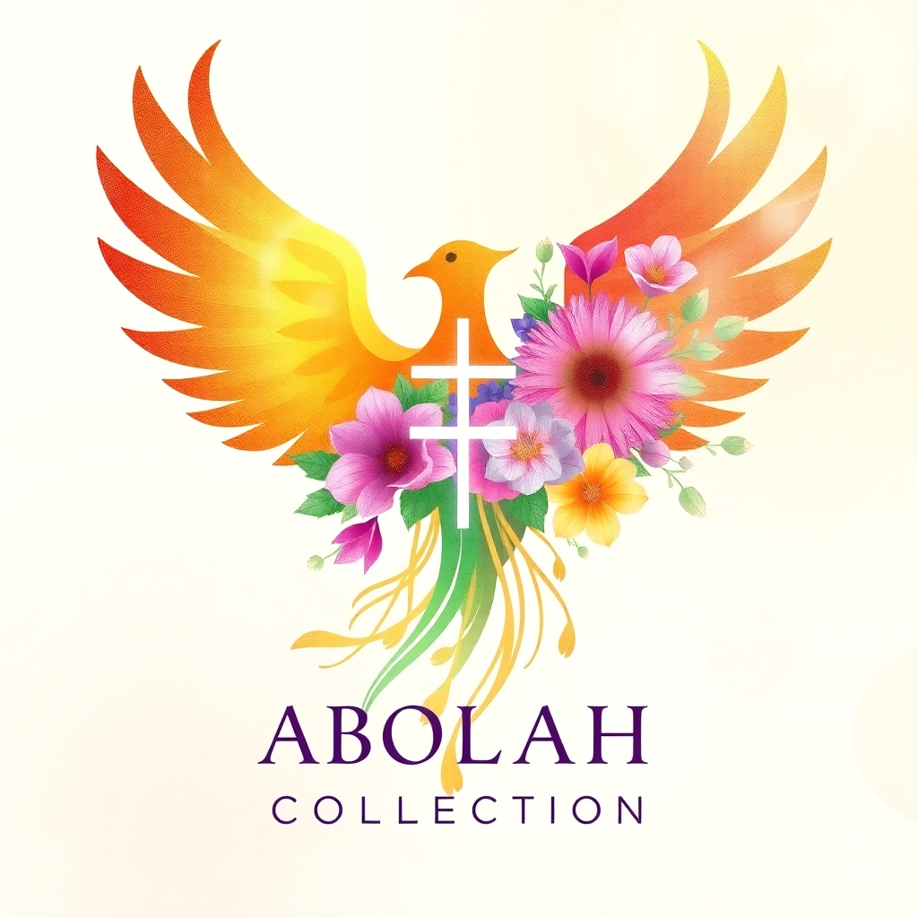 Create a stylized image for the 'About Us' section of Selah Victory Collection. The visual should represent the core values of hope, transformation, and victory. Imagine a phoenix rising from ashes that transform into blooming flowers. Incorporate subtle cross imagery within the floral arrangement. The color palette is vibrant and uplifting, featuring golds, purples, and greens. Use soft, diffused lighting to create a sense of peace and serenity. The background should be a soft, gradient blend of light colors. The style should be modern and inspirational, with a touch of abstract art. Render in 4K resolution with high-quality textures.