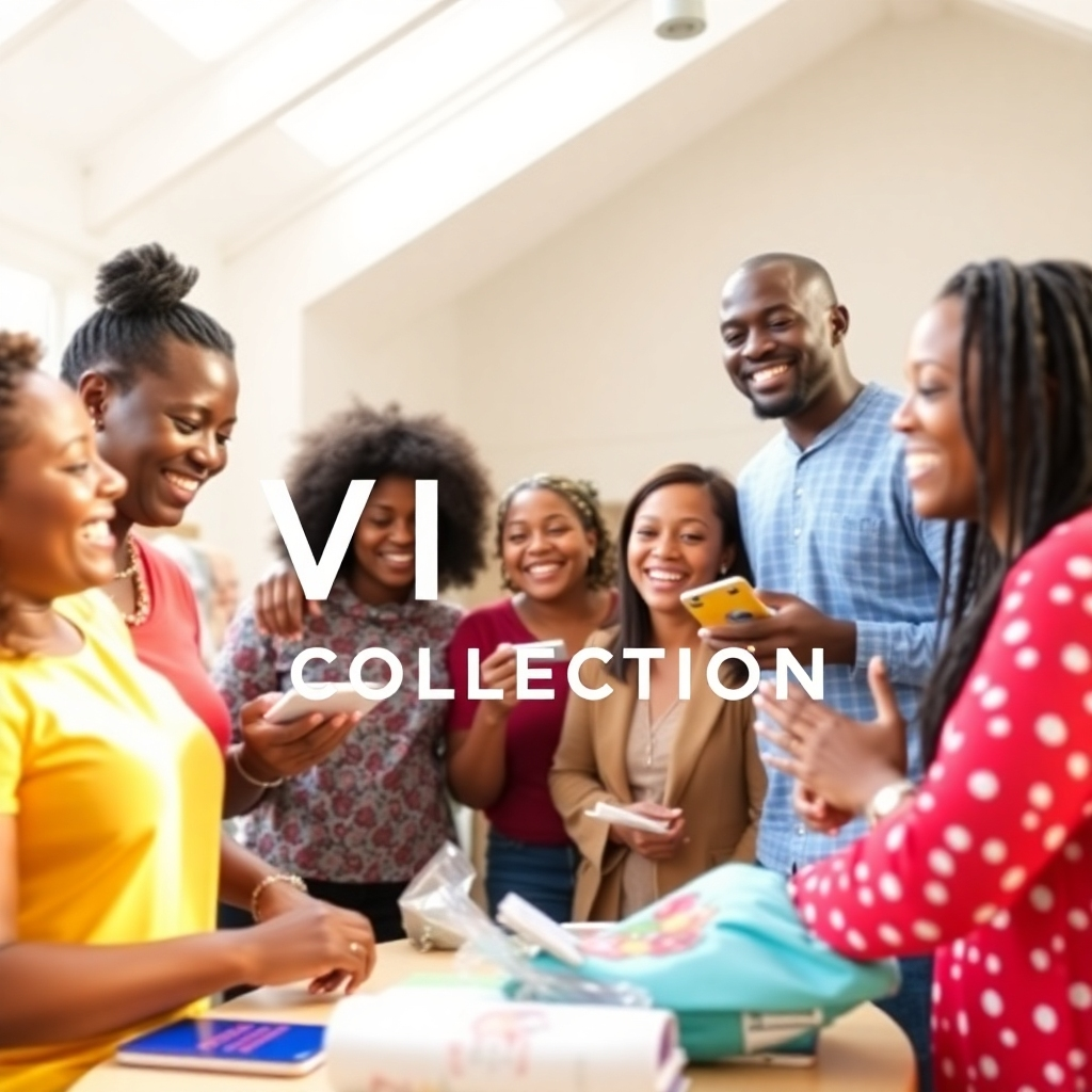Depict a diverse group of people smiling and interacting with items from the Selah Victory Collection in a bright, inviting space. The atmosphere is joyful and uplifting, emphasizing the sense of community and shared faith. The lighting is natural and airy, creating a sense of warmth and authenticity. The color palette is bright and cheerful, reflecting the positive impact of the ministry. The style is candid and genuine, capturing the real-life connections fostered by the Selah Victory Collection. Render in 4K resolution.