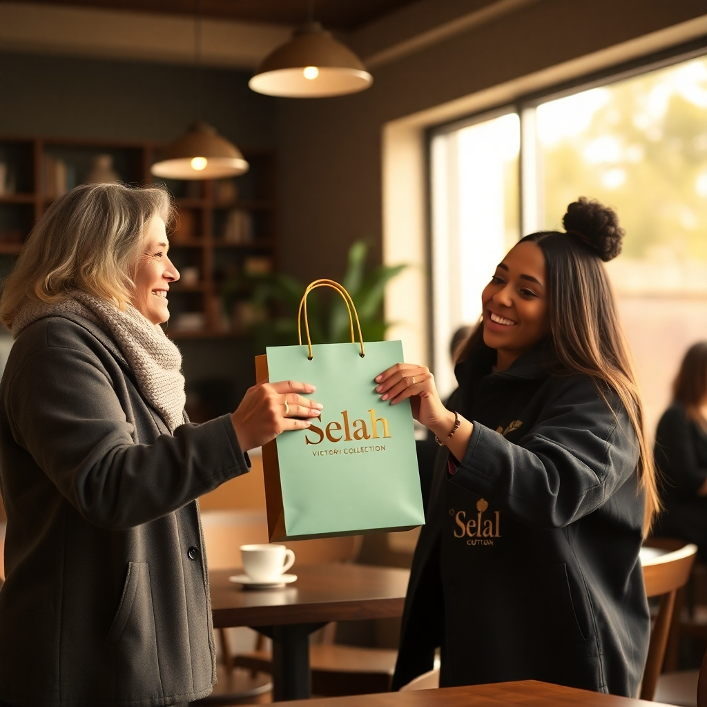 Depict a person handing a Selah Victory Collection gift bag to a friend, both smiling warmly. The setting is a cozy coffee shop. The lighting is soft and inviting, creating a sense of warmth and connection. The color palette is neutral with a pop of color from the gift bag. Render in 4k resolution.