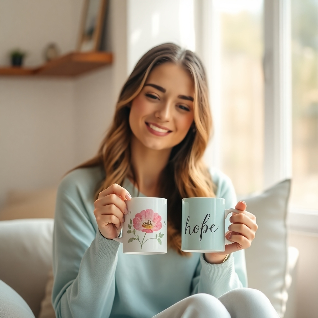 Imagine a young woman sitting in a sunlit room, holding a Selah Victory Collection mug with a design of a blooming flower and the word 'Hope'. She is smiling gently, exuding a sense of peace and contentment. The color palette is soft and pastel, creating a calming and serene atmosphere. Soft focus, bokeh effect in the background. Render in 4k resolution.
