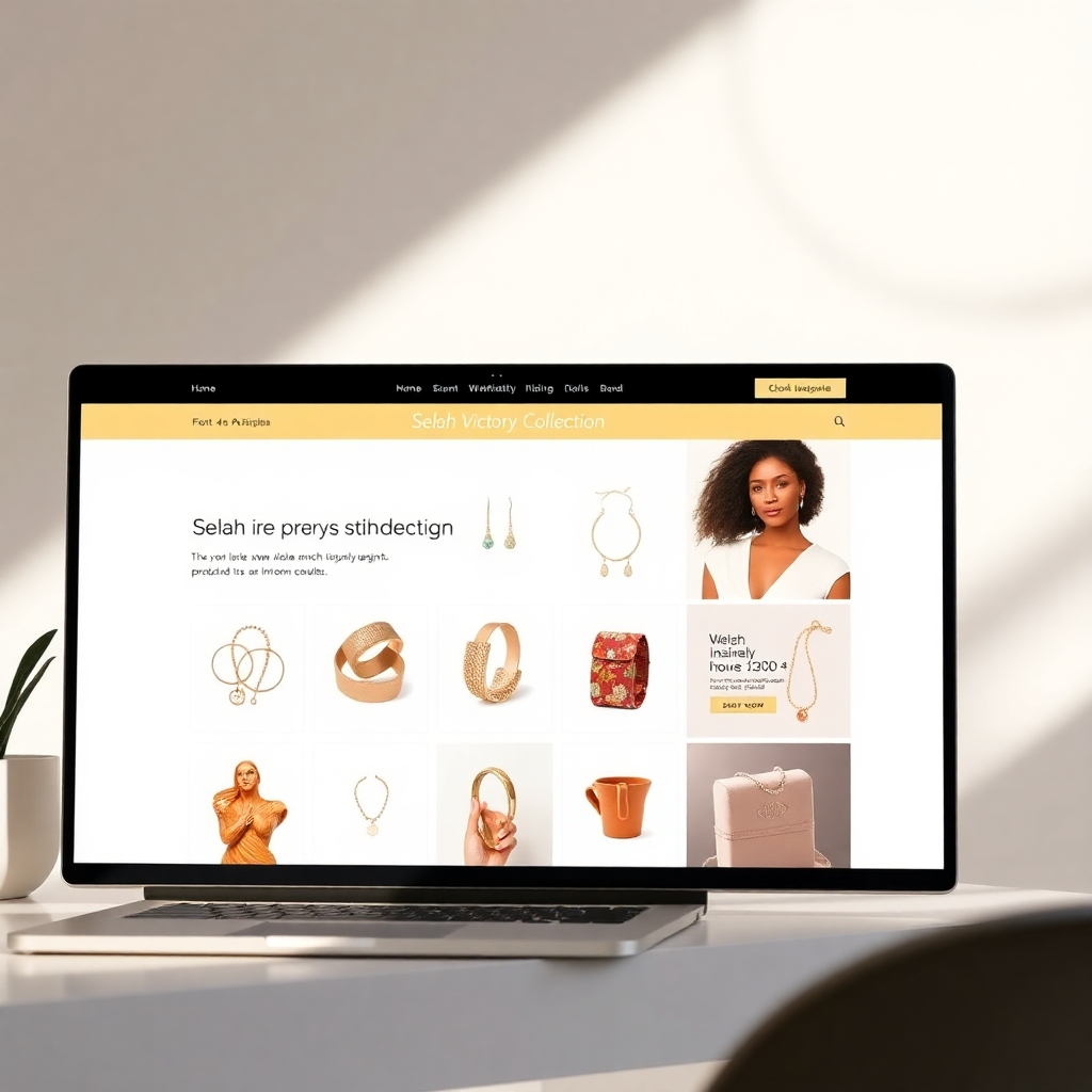 Show a screen capture of the Selah Victory Collection website, showcasing a variety of products and inspiring designs. The website should appear clean, modern, and easy to navigate. The lighting is bright and clear, highlighting the products and the user-friendly interface. The color palette is consistent with the brand's overall aesthetic. Render in 4k resolution.