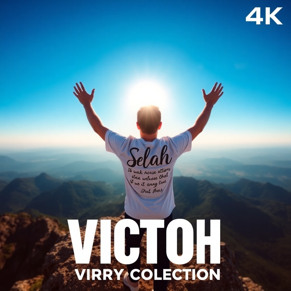 Visualize a person standing on a mountaintop, arms raised in victory, wearing a Selah Victory Collection t-shirt with a triumphant design and scripture verse. The sky is a brilliant blue, and the sun is shining brightly. The color palette is bold and vibrant, reflecting the sense of victory and triumph. Wide angle shot. Render in 4k resolution.