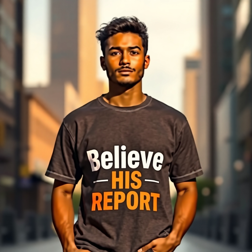 Visualize a person wearing a 'Believe His Report' t-shirt, standing confidently against a backdrop of a softly blurred cityscape. The lighting is natural and warm, highlighting the message on the shirt. The focus is sharp on the shirt's text and the individual's expression of faith. The color palette is neutral with a pop of color on the shirt. The style is modern and urban, conveying a sense of everyday faith. Render in 4K resolution.