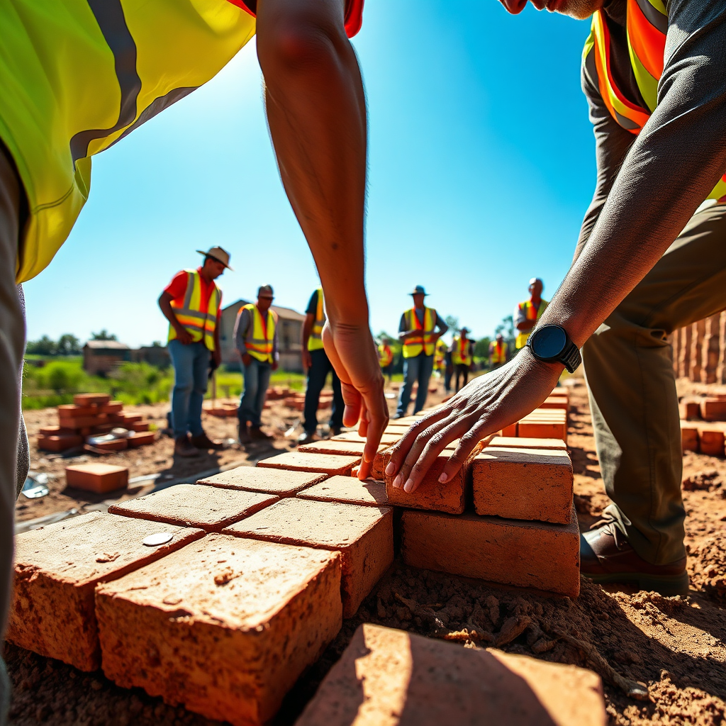 Volunteers building a school structure