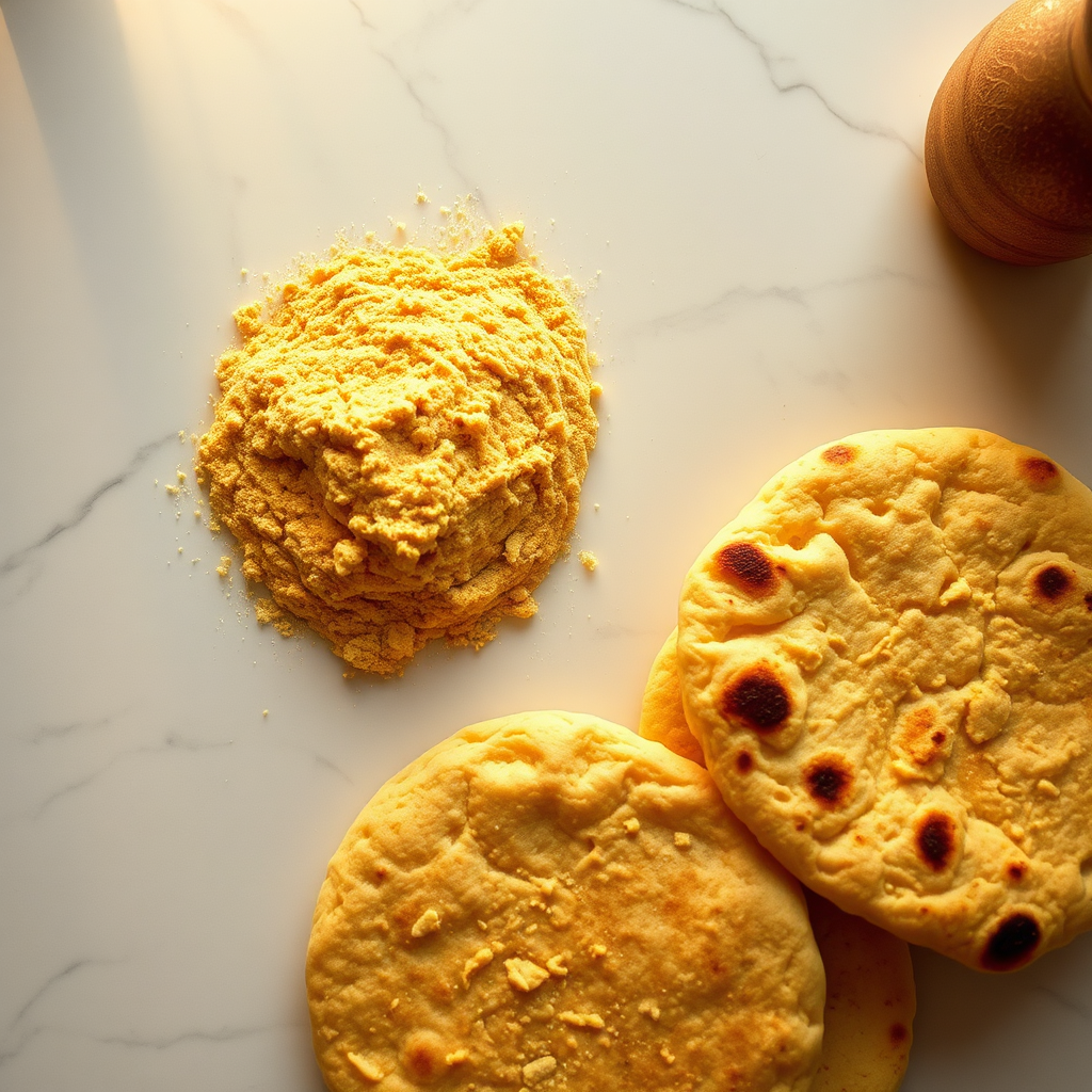 Golden chickpea flour being used to make savory flatbreads on a marble countertop