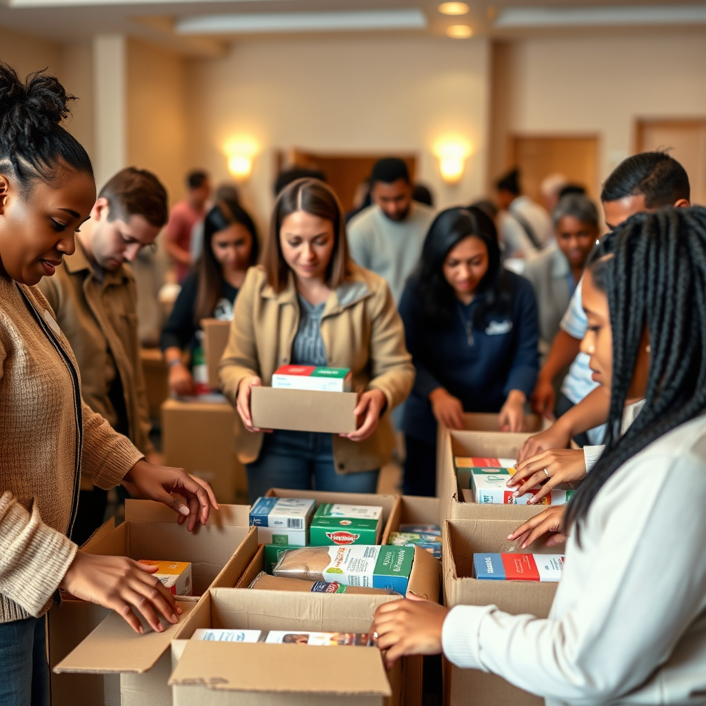 Volunteers packing boxes at a helping drive