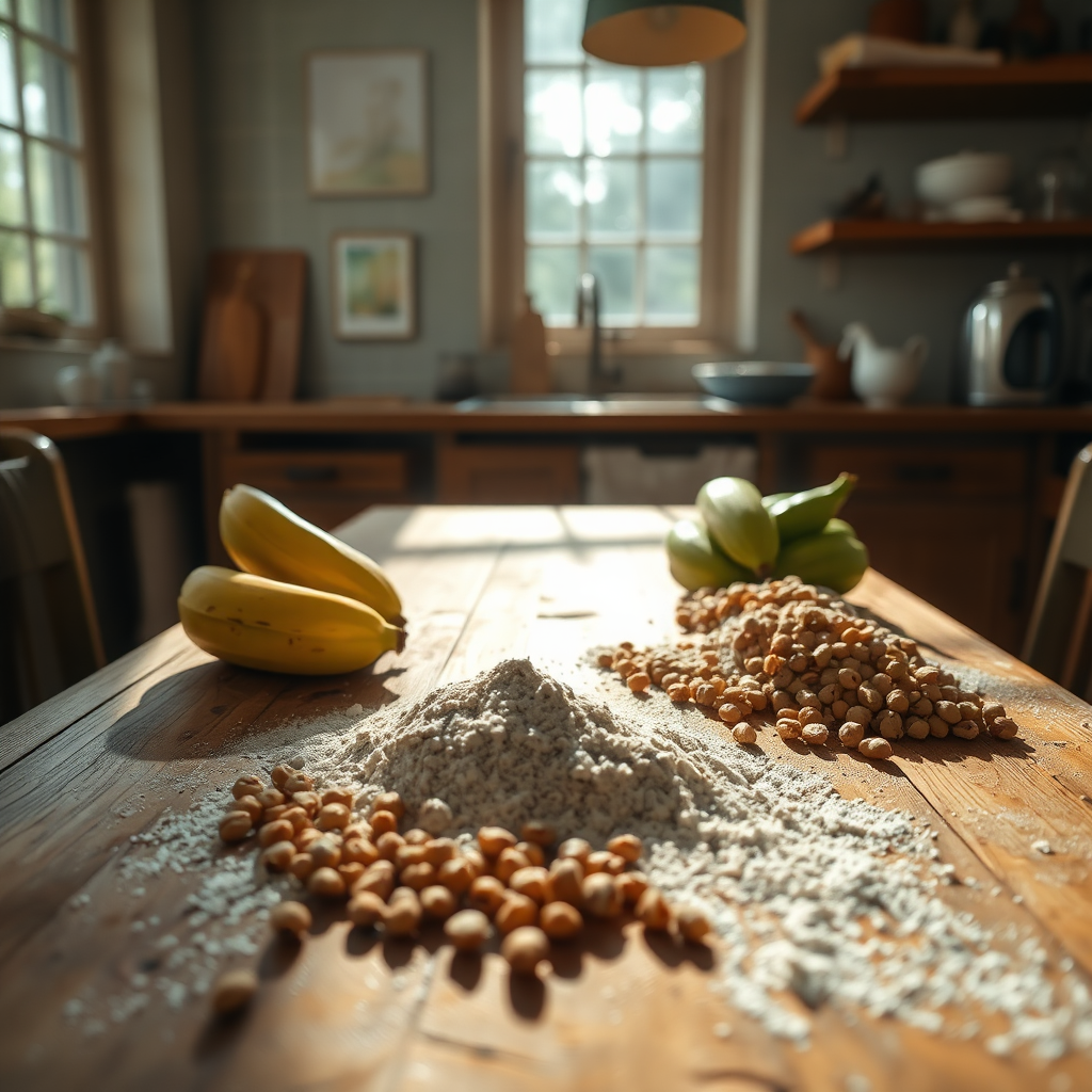 Artisanal organic flour preparation in a sunlit kitchen with raw ingredients
