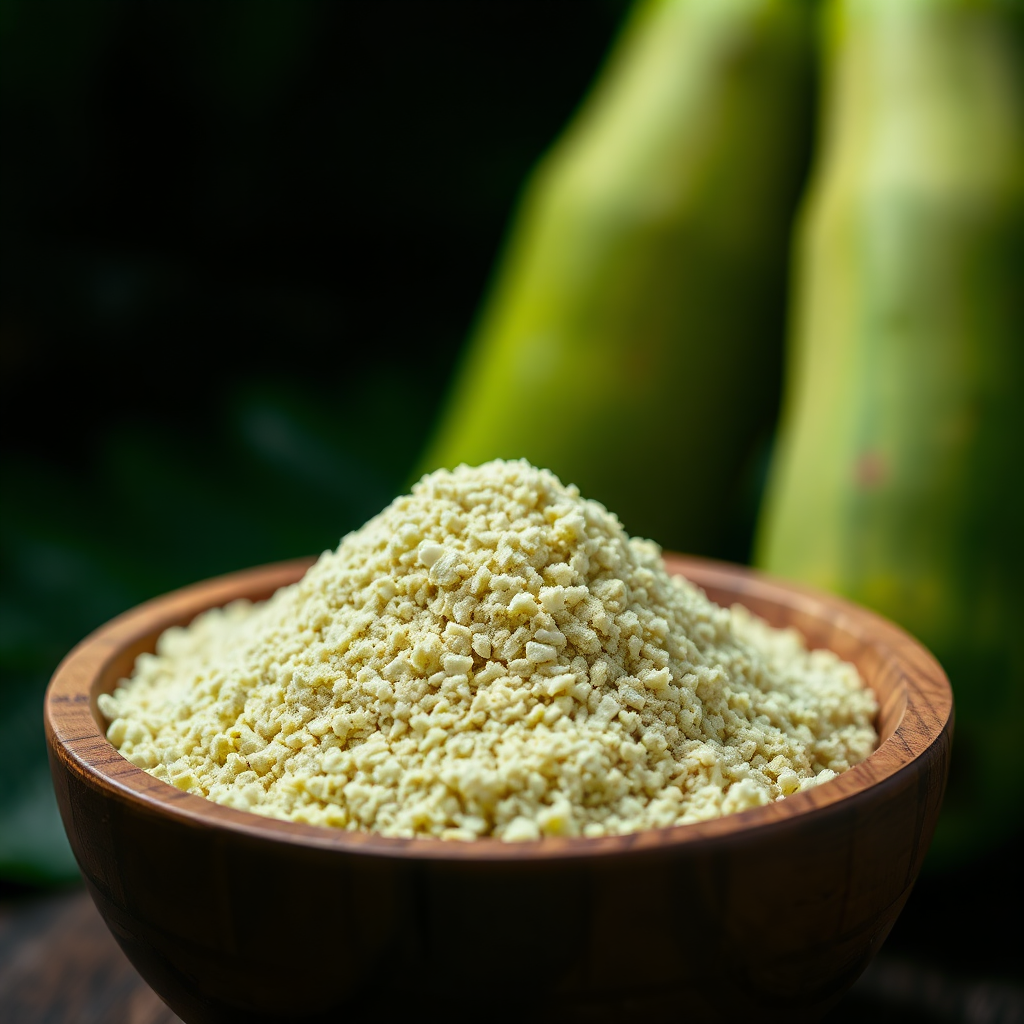 Fine texture of green plantain flour in a wooden bowl surrounded by fresh green plantains