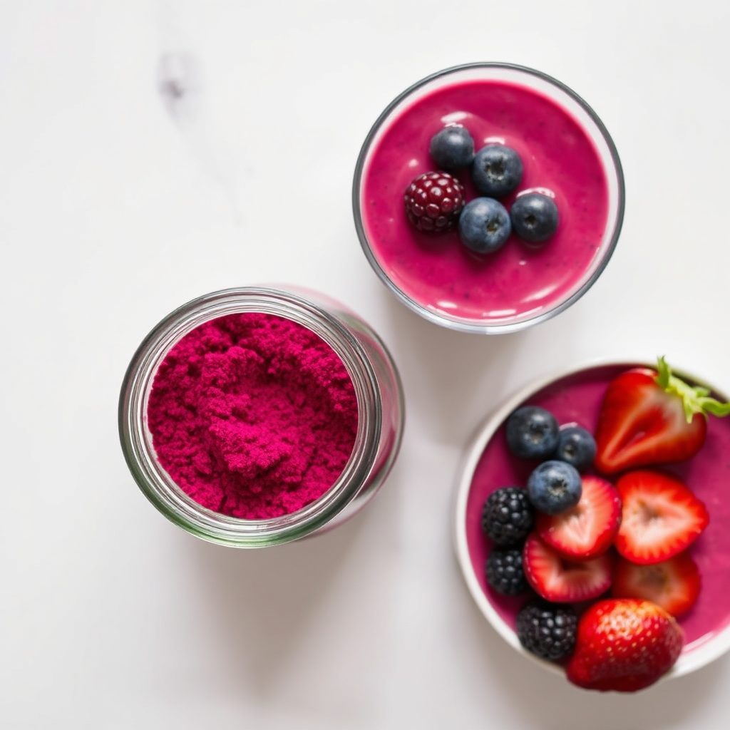 Vibrant red beet flour powder next to a fresh fruit smoothie bowl with berries